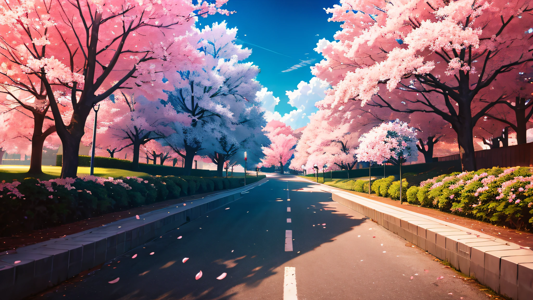 masutepiece, Best Quality, hight resolution, Scenery, Nature, cherryblossom, Street, day, skyporn, cloud, Horizon, Outdoors, (No humans), Cinematic lighting, Professional Shadow