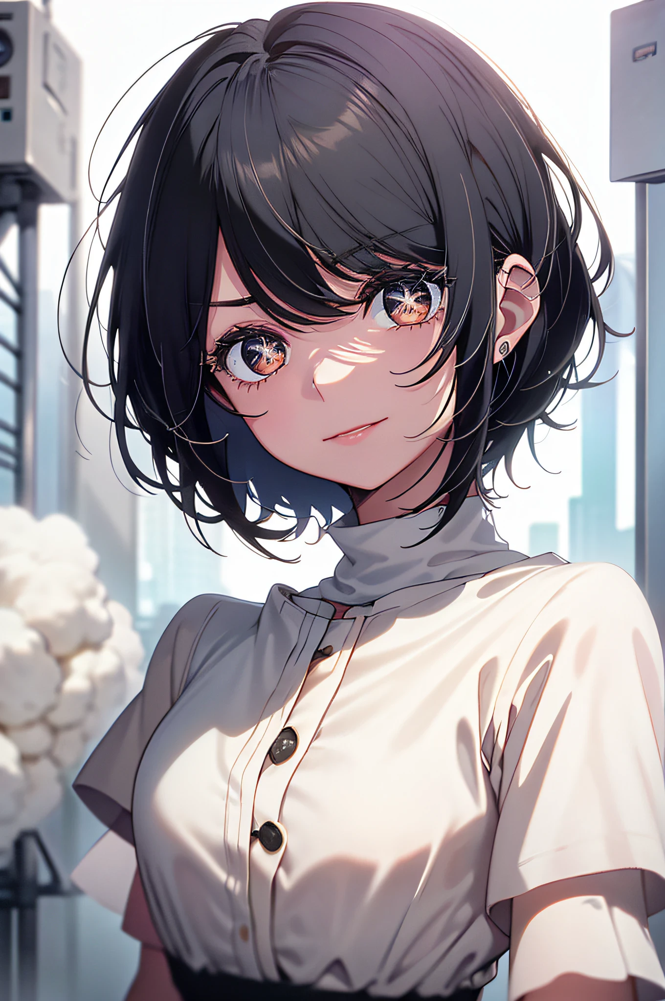 light, Natural makeup, ((tight shorthair, Black hair color, very short bangs, Bangs above the eyebrows:1.5)), Natural style, ((Wearing a simple cotton sleeve dress:1.5))masutepiece, of the highest quality, High Definition)), One girl, ( Photorealistic: 1.4)), Solo, Blank background, Closed mouth, Happy smile, Happy smile, (Lovely black hair, Very short hair:1.5)) Soft double eyelids, Eyelashes, ears stick out, long neck, long neck, Absolute area, (Head, The shoulders are all drawn)), 30 years old, Percentage of attraction, Glowing skin, Clean collarbone, Golden Ratio Face, Perfect face, Bangs, Bangs, Lip gloss, thin lips, light skinned, peekaboo, a small face, a small face, Everyone is pulling their heads, All shoulders are painted, natural, Light makeup, () tight shorthair, very short bangs, Bangs above the eyebrows: 1.5)) Natural clothing (1.5 cm), Cotton Shirt Dress