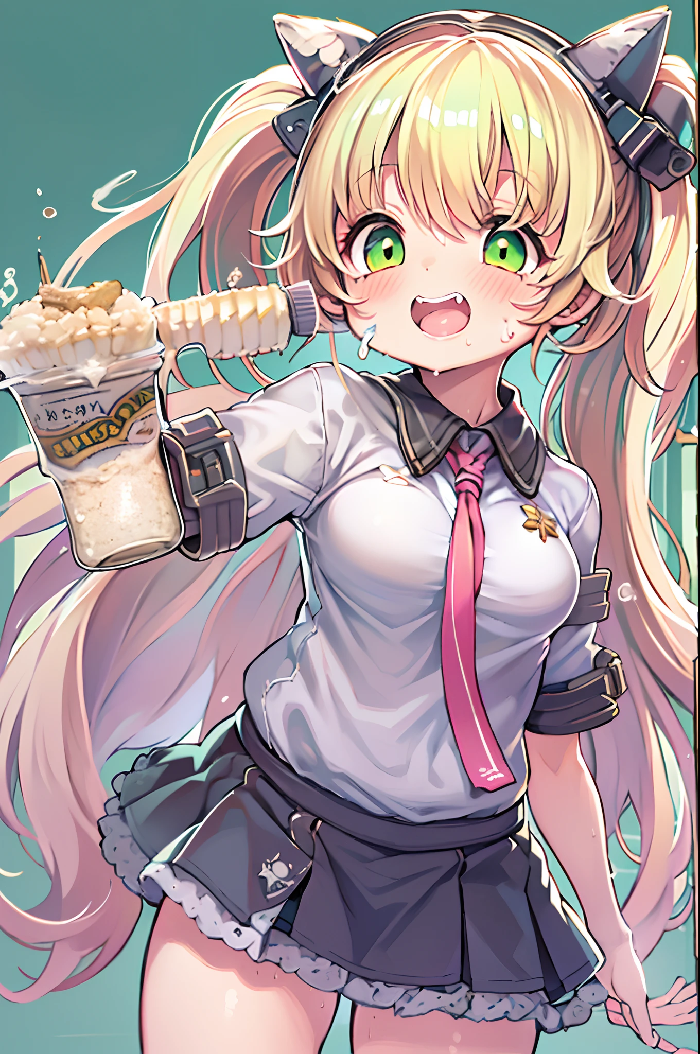 1girl, shorts, solo, asuna (blue archive), halo, long_hair, blue_eyes, shirt, food, short_shorts, can, holding, blue_shirt, holding_can, bangs, short_sleeves, food_in_mouth, mouth_hold, very_long_hair, grey_shorts, blonde_hair, blush, collarbone, popsicle, dolphin_shorts, standing, ^^^, sweat, alternate_costume