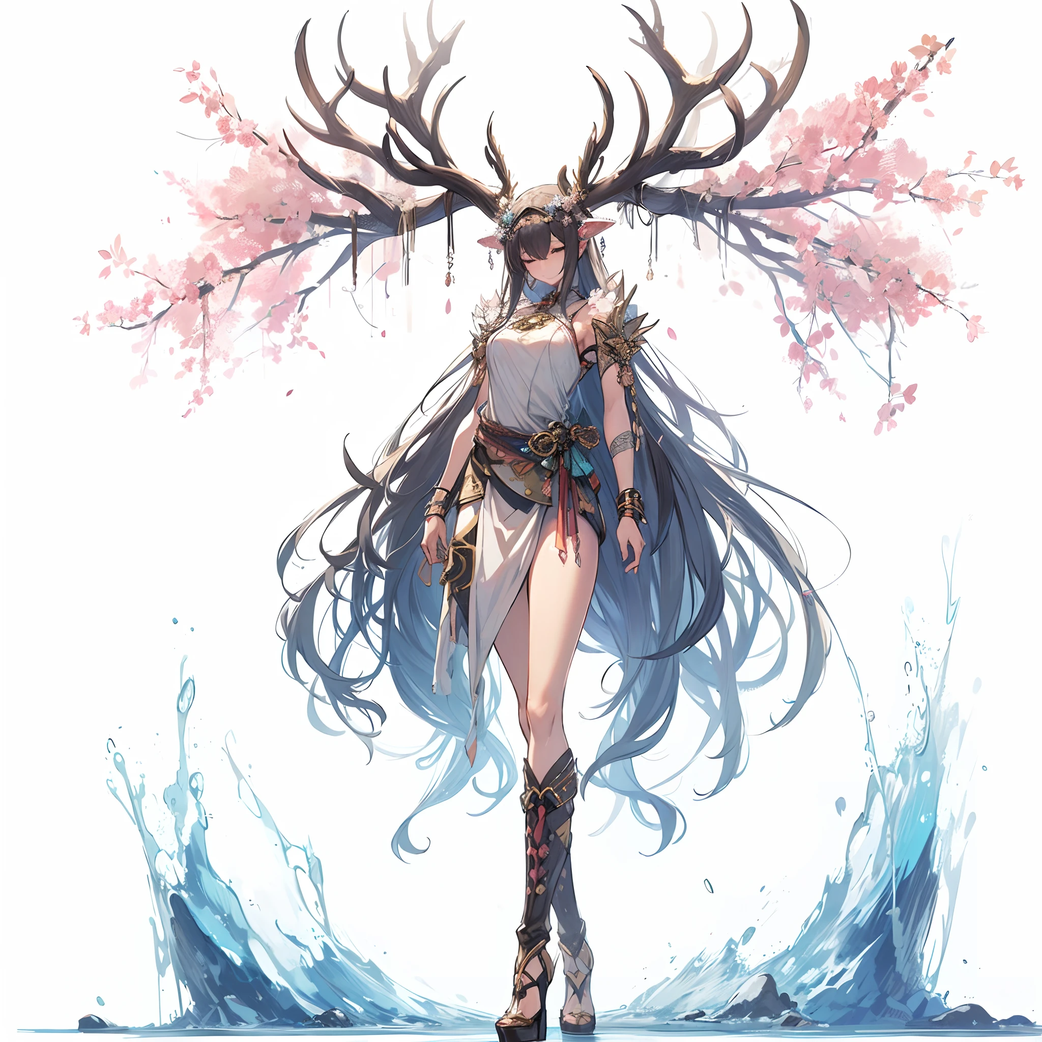 (masutepiece, Best Quality), (Perfect athlete body:1.2), (detailed hairs), Ultra-detailed, Anime style, Full body, Solo, Female of neutral sex with stag horns growing from her head, Dressed in the style of ancient Roman tribes, Standing by the creek, Beautiful and terrible, high heels boots, Digital Painting, 8K High Resolution, trend artstation, White background, Whole body,closed her eyes、a smile