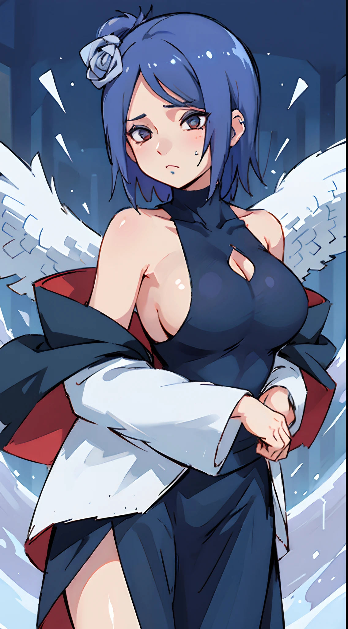 one-girl，（Off-the-shoulder attire:1.5)，Large breasts，（best qualtiy），（cleavage)（tmasterpiece）
Xiaonan\（Naruto\），（AKATSUKI OUTFIT：1.1），La Brett piercing，dardark blue hair