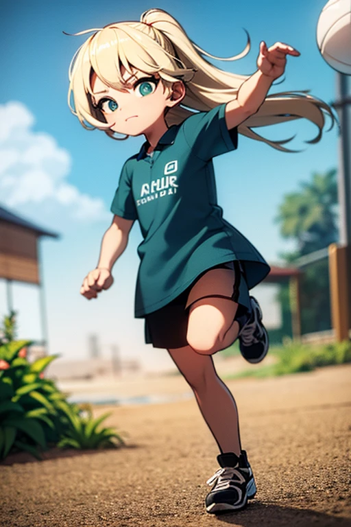A blonde haired girl with teal eyes is playing soccer