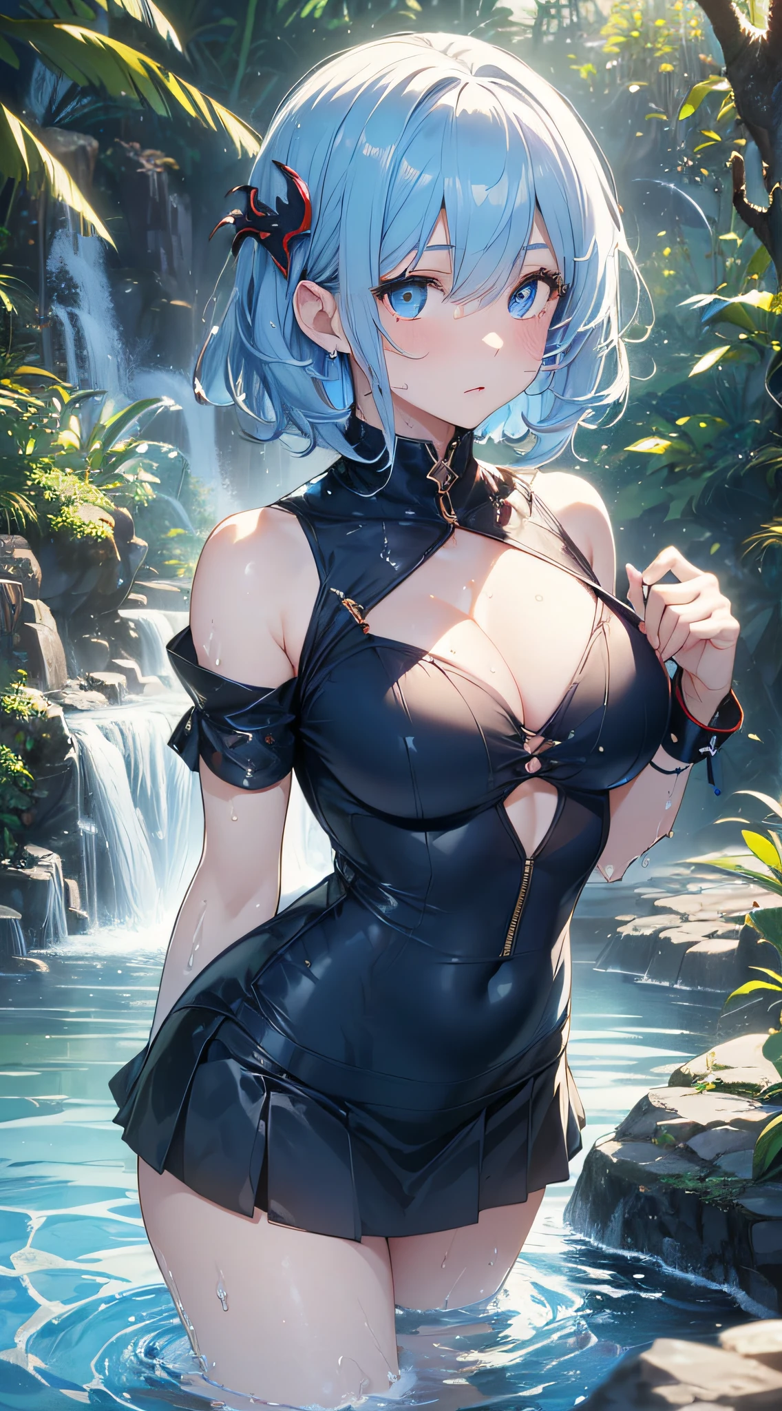 top-quality、Top image quality、​masterpiece、girl with((18year old、Best Bust、Bust 85,Beautiful blue eyes、Breasts wide open, Light blue hair and short hair、A slender、Large valleys、Light blue and black T-shirt with an open chest,Short skirt in dark blue、Reflecting the whole body、Black wristband on wrist、Star-shaped hair ornament、Red face、Slippery texture、Aura of water、Release water from the hands、Taut chest、posterior view、Turn around、emphasis on the buttocks)）hiquality、Beautiful Art、Background with((Clear blue sky、Tornado in spring water、Water Waterfall、Water tornado、Intense water flow、water dragon)))masutepiece、visualart、depth of fields、