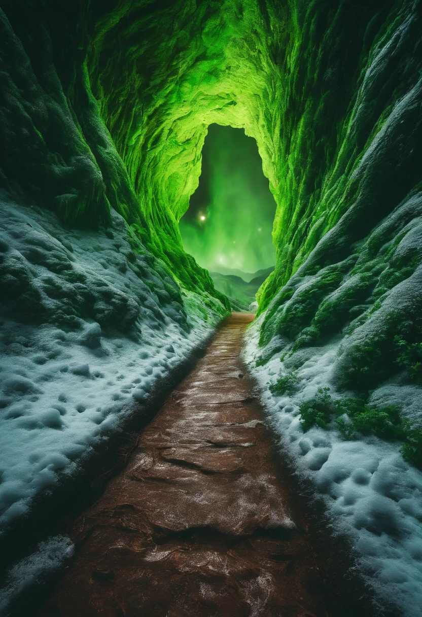Close-up of snowy road with green flowers, Tunnel to winter, Portal made of green roses, In a green dream world, Surreal green flowers bloom, Snow cave, The atmosphere of green flowers floating in the sky, Magic Green Flowers, by Anna Haifisch, very magical and dreamy, marc adamus, Truly beautiful nature, Beautiful nature, blossoming path to heaven、Alien Lair、There are aliens、Alien Eggs、There are aliens、Alien Eggs