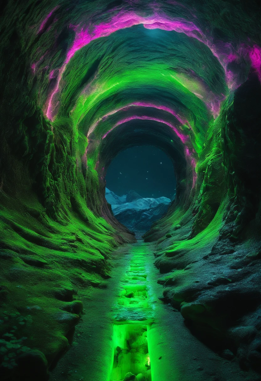 Close-up of snowy road with green flowers, Tunnel to winter, Portal made of green roses, In a green dream world, Surreal green flowers bloom, Snow cave, The atmosphere of green flowers floating in the sky, Magic Green Flowers, by Anna Haifisch, very magical and dreamy, marc adamus, Truly beautiful nature, Beautiful nature, blossoming path to heaven、Alien Lair、There are aliens、Alien Eggs、There are aliens、Alien Eggs