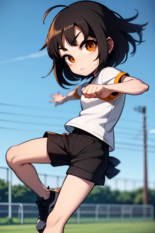 A ite black haired girl with orange eyes is playing soccer