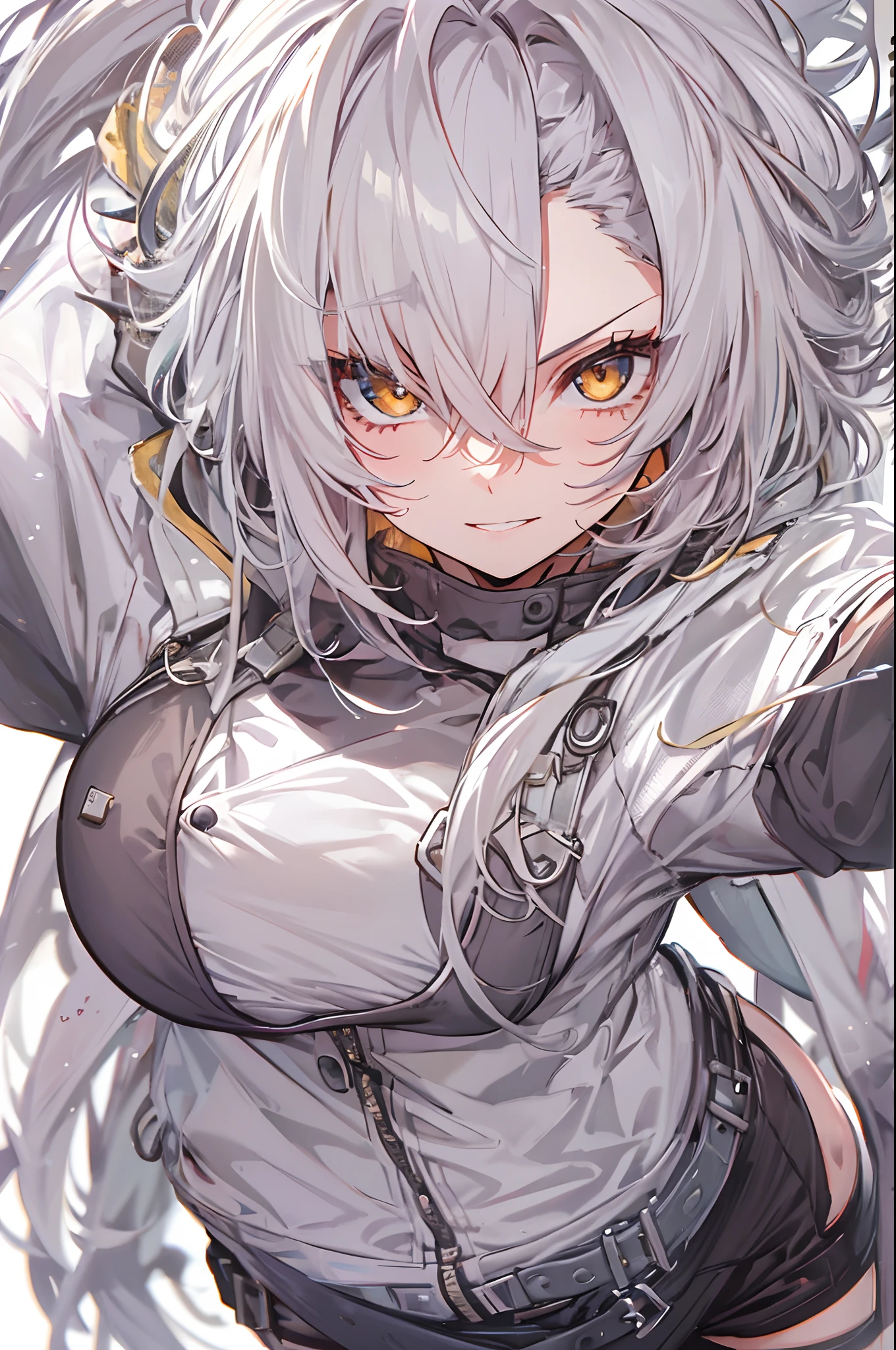 1girl, {solo}, upper body ,{{ {looking at viewer}}}, arm at side, concept art, white background, simple background, white hair, silver gradiient hair , complex cloth, asymmetrical clothes, virtual youtuber, best quality, masterpiece, dynamic angle, guilty gear, guilty gear, guilty gear, cowboy_shot, looking_back, grabbing, girl,woman,female, young,20 years old, very long hair, flipped hair, silver hair, flowing hair, ahoge, smirk, beautiful and delicate golden eyes, teeth, medium_breasts, blonde eyes, white skin, coat, hoodie, black_shorts, grey Clothes, transparent_background, backlighting, absurdres, highres, ultra detailed,