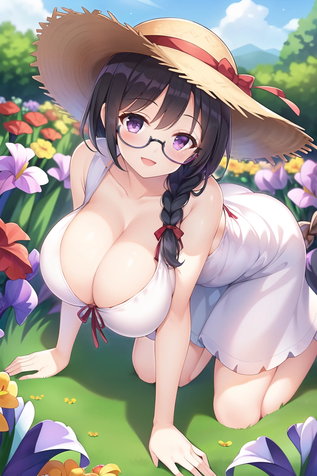 (1girl), (large breast), (black hair), (braid), (purple eyes), (glasses), (Intricate Iris Details), (white dress), (straw hat), (Garden), (looking at viewer), (smile), :d, (all fours)