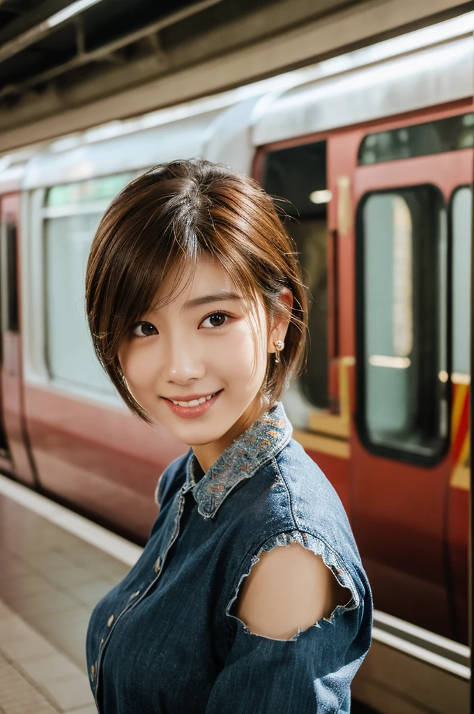 (8K、Raw photography、top-quality、​masterpiece:1.2)、(realisitic、Photorealsitic:1.37)、ultra-detailliert、超A high resolution、女の子1人、see the beholder、beautifull detailed face、A smile、Constriction、(Slim waist) :1.3)、short-cut、Beautiful detailed skin、Skin Texture、Floating hair、Professional Lighting、Wait for the platform train、Mesh GLhuman body、Brown hair
