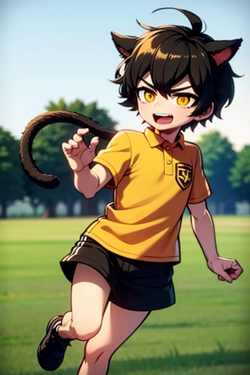 A black haired boy with golden eyes and black cat ears and a black tail is playing soccer