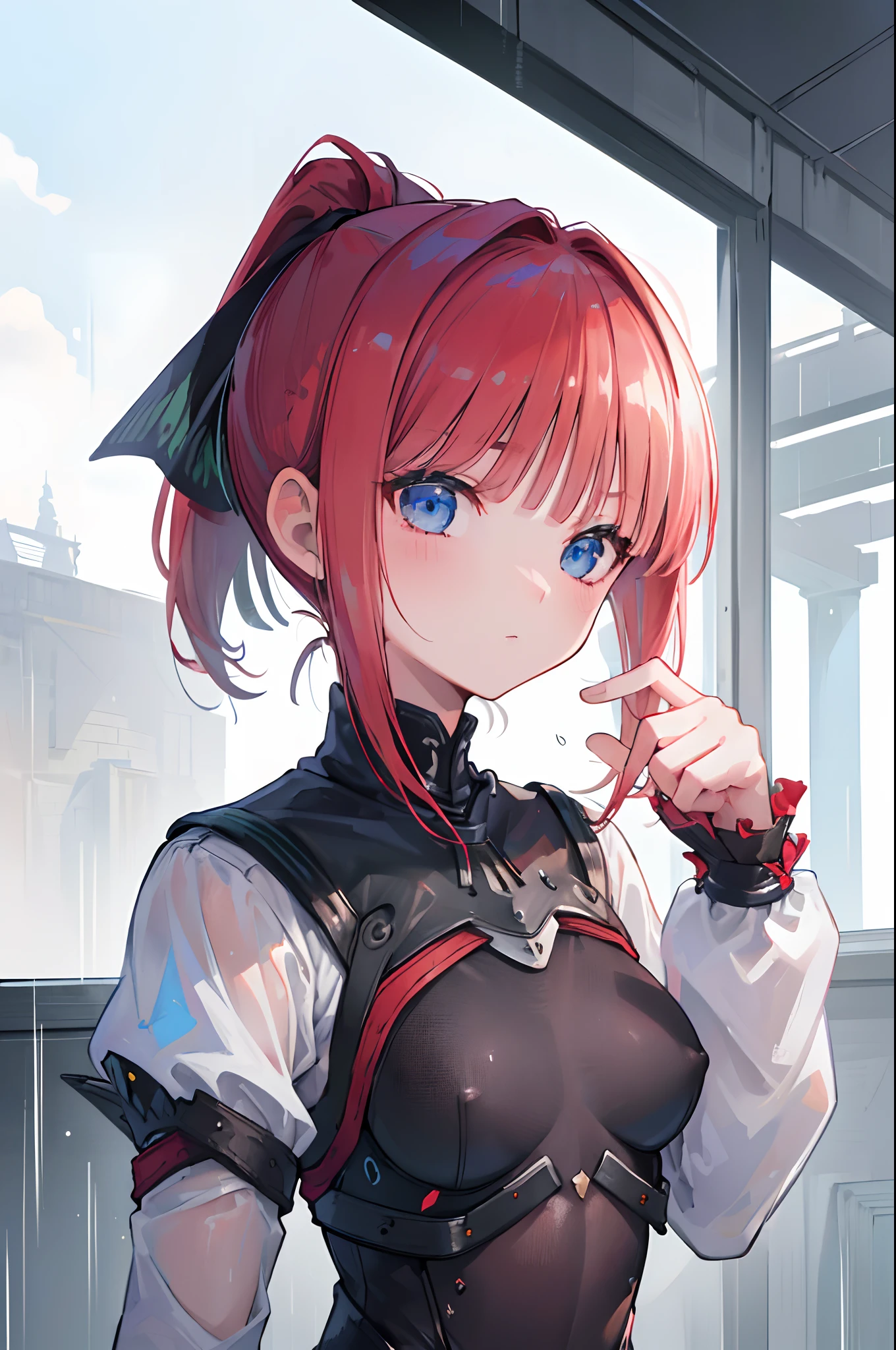 (ultra-detailed:1.2, masterpiece:1.2, best quality:1.2, highres:1.2), warzone background, scenery, raining, 1girl, small boobs, red hair, ponytail, armor clothes, chestplate