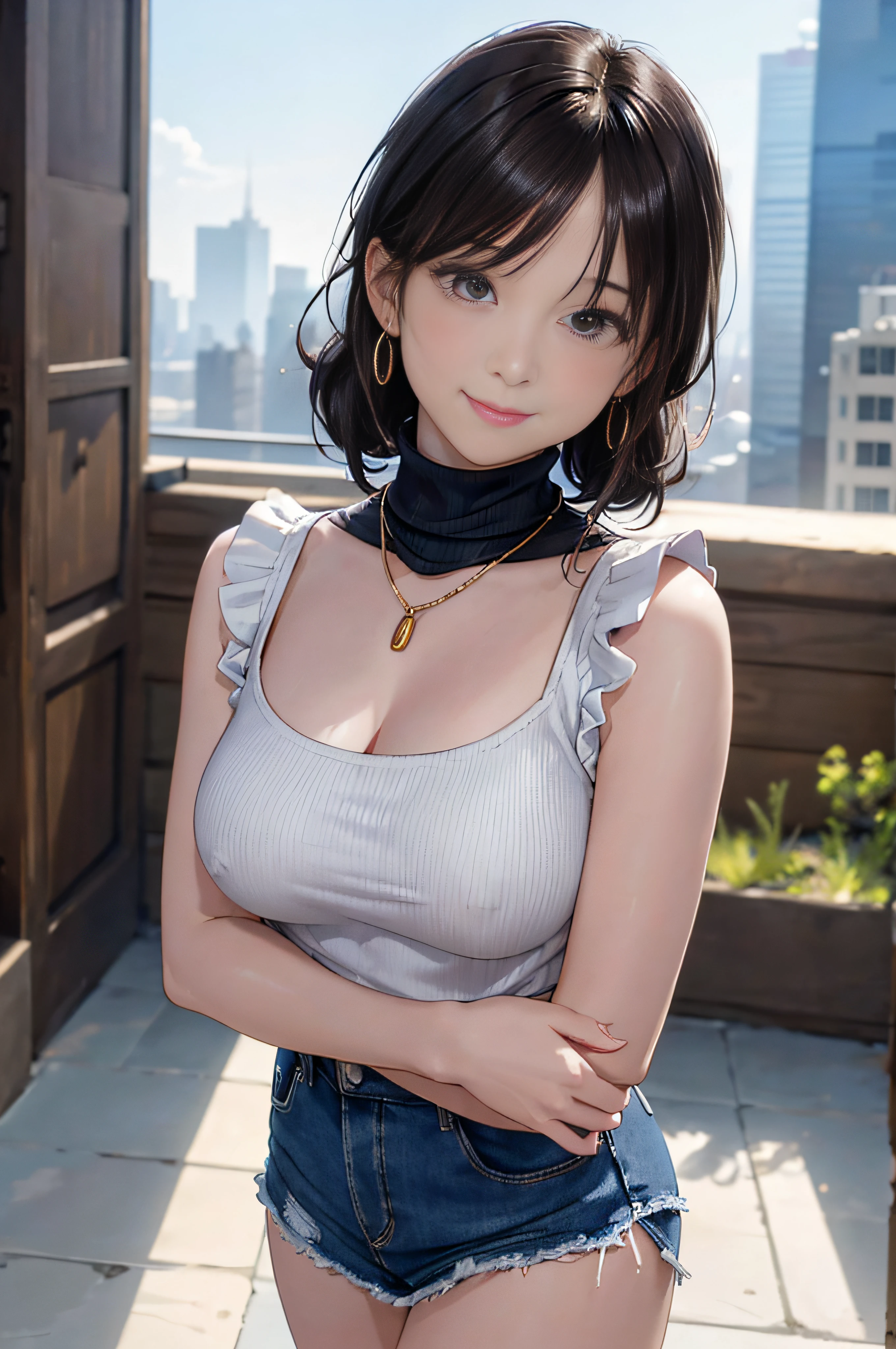 Turtleneck sleeveless knit in bright colors、Denim Mini Skirt、20 year old girl, medium breasts, cleavage, Puffy nipple、bending forward、dark brown hair、poneyTail、Cityscape, Kamimei、Shy smile、a necklace、Earring、high-heels ((Very detailed)), (Perfectly detailed face), (Well detailed hands) Photorealistic images、full body seen