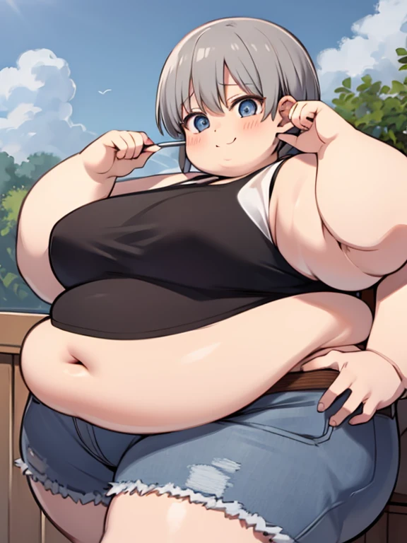 Fat Uzaki Hana, Obese body, sugoi dekai, large breasts, big cheek, cute, cute and fat face, fat arms, thick thighs