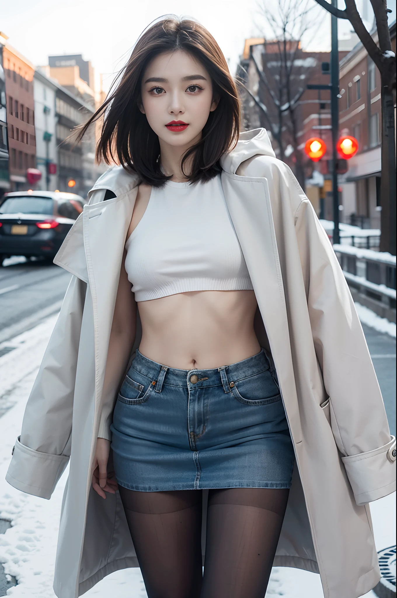 best quality, 4k, 8k, Detailed faces, clear face, pretty girls, Korean makeup, Red lips, laugh, perfect body,shoulder length straight short hair,small breasts,thigh,slim,thin, The girl wears a long and wide coat, Underneath the jacket was a toptube and pantyhose, lower abdomen, Snowscape, winter, street,
