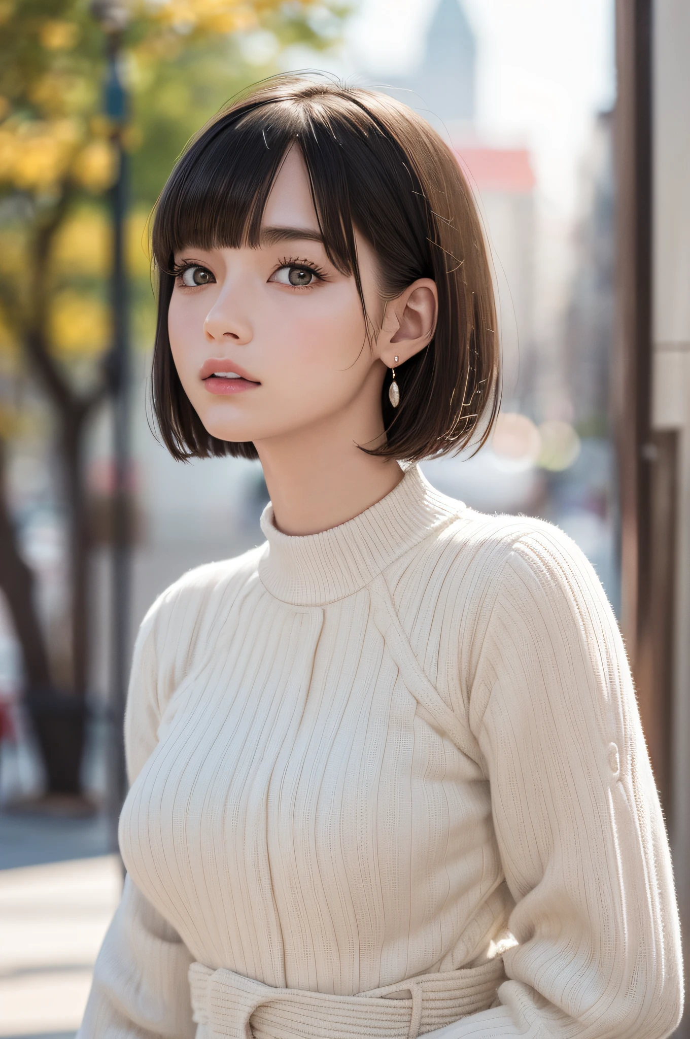 (8k, RAW photos, top quality, masterpiece: 1.2), ultra detailed, super resolution, (real, real photos: 1.37), portraits, high definition RAW color photos, professional photos, very detailed and beautiful, highly detailed, 8k wallpapers, amazing details, huge file size, official art, highly detailed CG Unity 8k wallpapers, highly detailed beautiful girls, highly detailed faces, Highly Detailed Eyes, Highly Detailed Skin, Highly Detailed Fingers, Very Detailed Nose, Highly Detailed Detailed Mouth, Perfect Anatomy, Detailed Background, Detailed Clothes, One Girl, (20:1.2), 20s, Cute Girl, Realistic Body, Petite, White Skin, Radiant Skin, Slim Body, Black Hair, Short Hair, (Blunt Bangs: 1.2), Cute, Youthful, Pretty Face, Realistic Face, Delicate Eyes, Sale Eyes, ( (Fashionable winter clothes)), ((Up)), ((((Short hair)))), Earrings, Looking at the camera, Cowboy shot, Facing Front, Standing Posture, Contrapposto, Dynamic Lighting, C Cup Breasts,