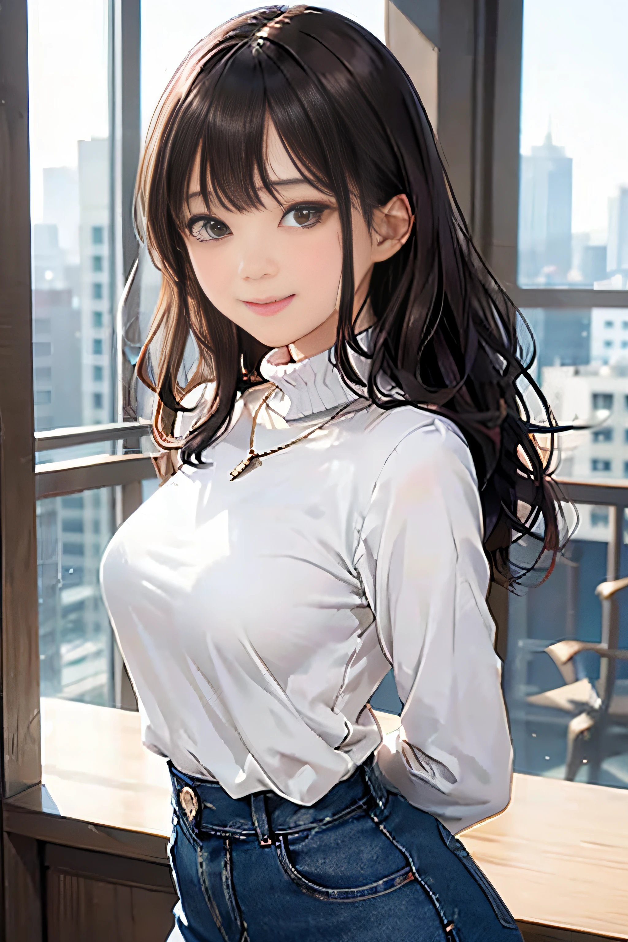 20 year old girl (White Turtleneck Blouse), (Tight denim mini skirt), Medium chest, Puffy nipple、bending forward、Sexy buttocks、Butt sticking out、Random cityscape, Shy smile, Kamimei、Brown-eyed、Wavy long hair、dark brown hair、 (Perfectly detailed face), (Well detailed hands) Photorealistic images、Beautiful necklace、耳Nipple Ring、high-heels