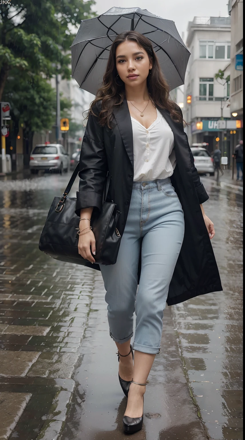 (photo realistic:1.4), (hyper realistic:1.4), (realistic:1.3),, (smoother lighting:1.05), (increase cinematic lighting quality:0.9), 32K,, 1girl, 20yo girl, realistic lighting, backlighting, light on face, ray trace, (brightening light:1.2), (Increase quality:1.4),, (best quality real texture skin:1.4), finely detailed eyes, finely detailed face, finely quality eyes, (tired and sleepy and satisfied:0.0), (Increase body line mood:1.1), (Increase skin texture beauty:1.1), (Best Quality, 8k, 32k, Masterpiece, UHD:1.3), (kpop idol:1.3), 1 Girl, (medium wavy hair), perfect legs, Ultra Detailed Face, Detailed Lips, Fine Eyes, double eyelids, wearing casual suit, beautiful casual suit, colourful suit, beautiful necklace, wearing necklace, wearing earing, wearing casual bag, beautiful casual bag, beautiful heals, beautiful poses, walking on street, rainy day, rain, wearing umbrella, high heels, perfect high heels, wearing bracelets, rainy season, rainy weather