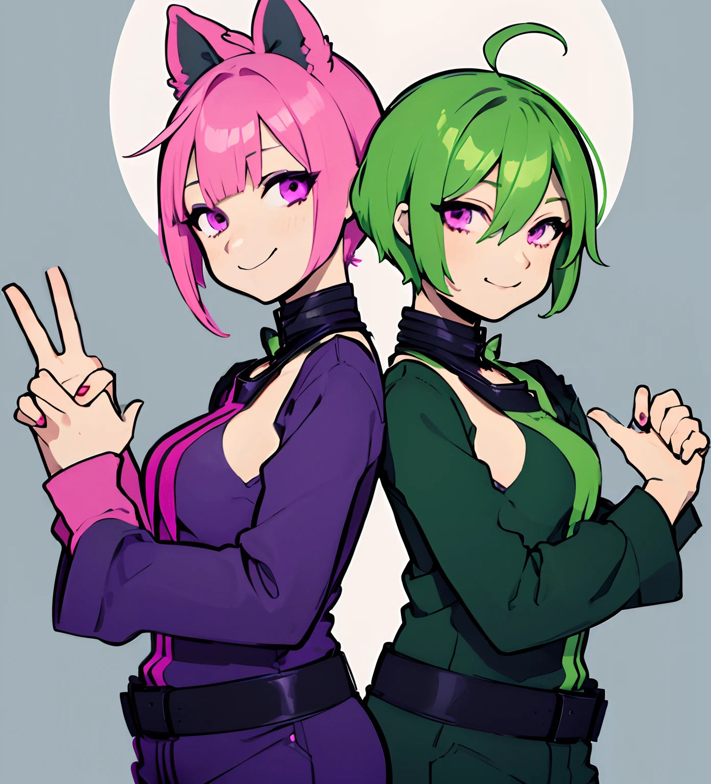 anime female short green hair and pink eyes wearing a five nights at freddys fnaf freddy chica fox bonnie costume fantasy no background only safe