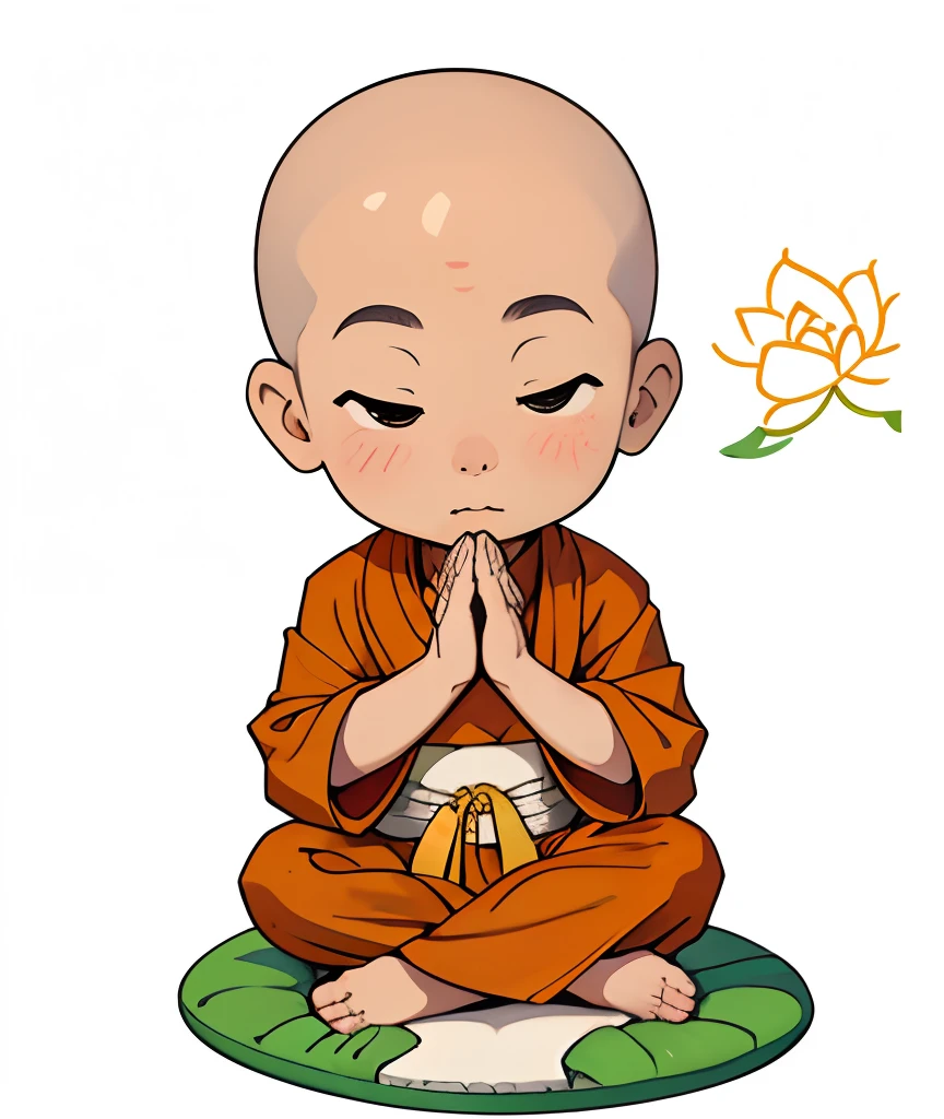 A cartoon monk sits on a lotus cushion，Put hands together andpray, monk meditation, prayer meditation, praying pose, Buddhist monk meditation,  in meditation posture, monk, monk clothes, Taoist,