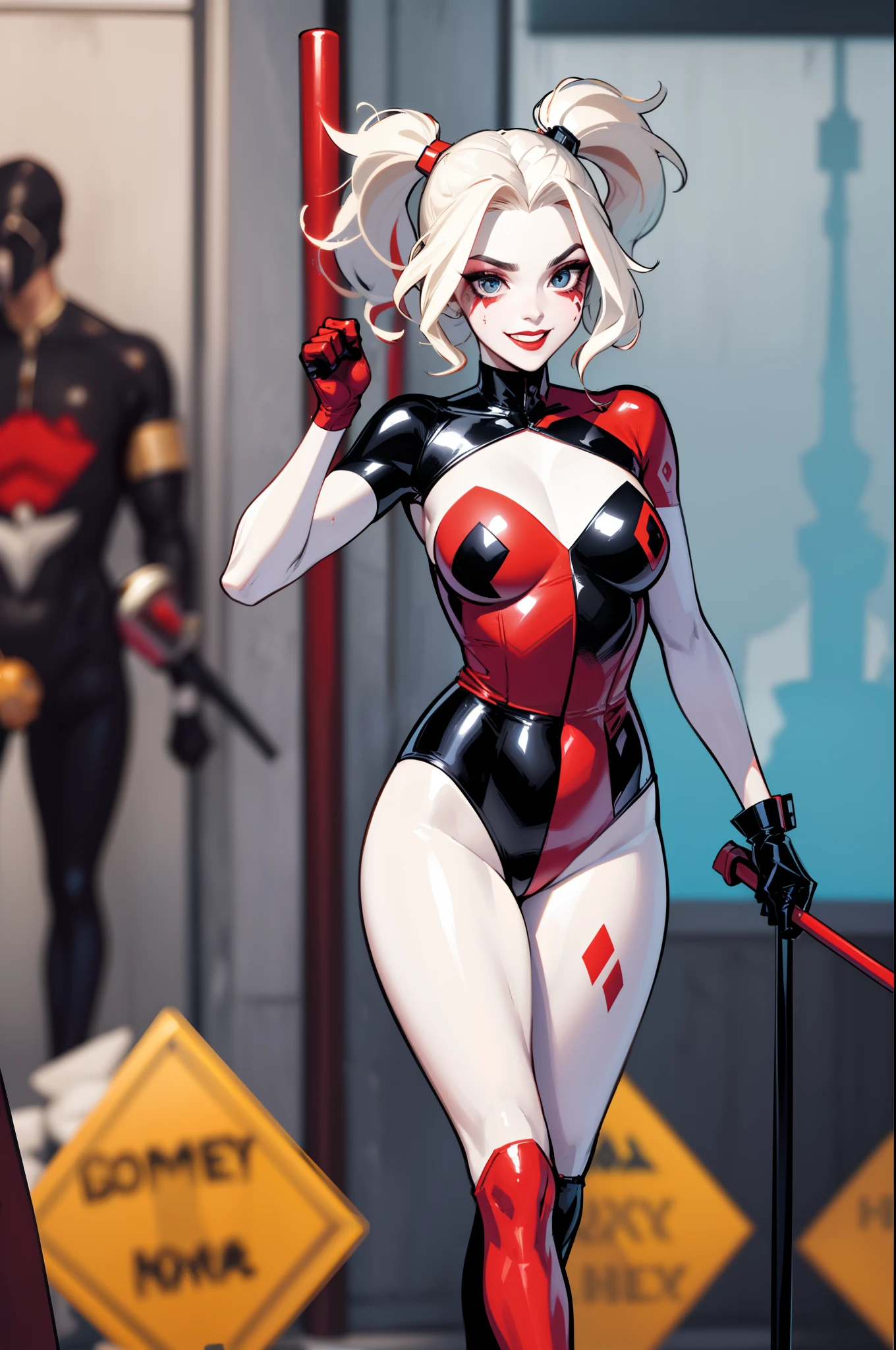 Harlequinnfit, cabelos muito longos, cabelos pretos, cabelo entre os olhos, Olhos azuis, Cosplay completo da Harleyquinn, roupas brilhantes, impossible bodysuit, Pele apertada, bodysuit estrelado, Olhando para o Viewer sorrindo maliciosamente,(pernas musculosas:1.3), (comic pose). (She's walking around the circus)