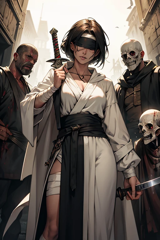 Zombie lady justice, blindfold, holding sword and scale, wearing robes, bandages, horror style art.