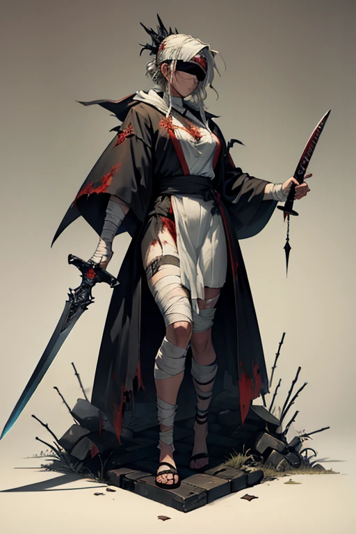 Zombie lady justice, blindfold, holding sword and scale, wearing robes, bandages, horror style art.