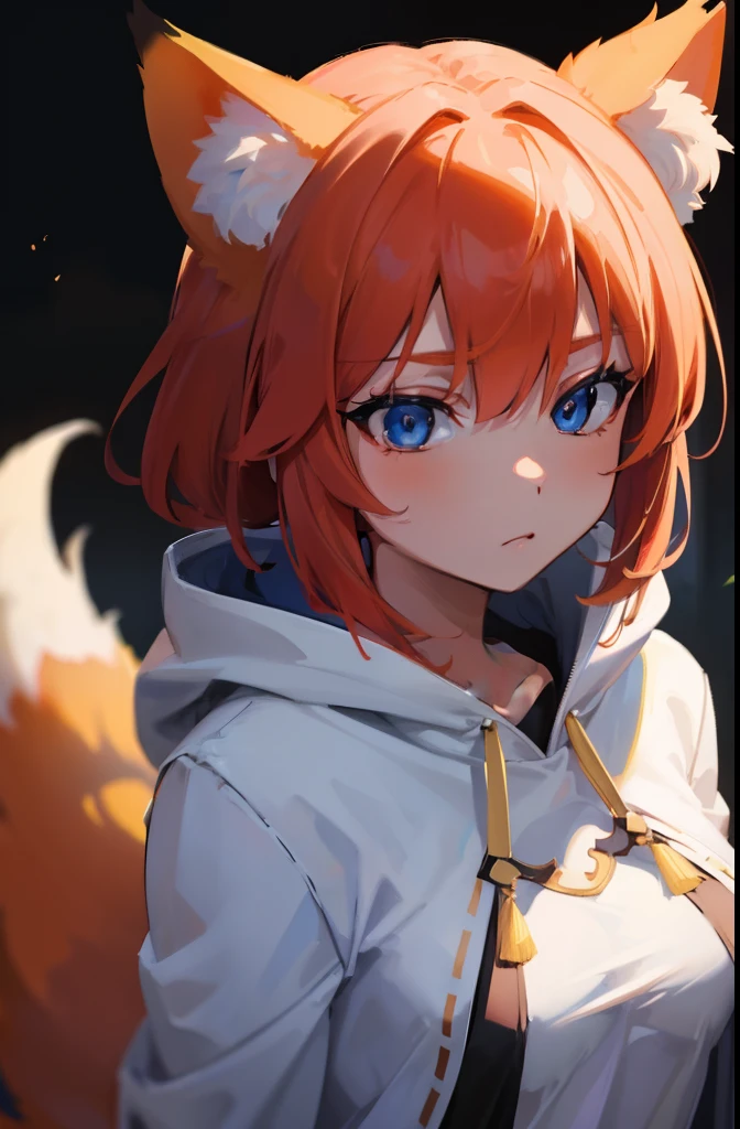 Volumetric Lighting, Best Shadows, Portrait Of Stunningly Beautiful Girl, Petite, Delicate Beautiful Attractive Face With Alluring Blue Eyes, Medium chest, Medium breasts, Short orange hair, Slim Waist, Standing, (Highest Quality, Amazing Details:1.25), (Solo:1.3), Brilliant Colorful Paintings, anime character with a fox tail, a beautiful fox lady, a beautiful kitsune woman, portrait, cowprint, white hoodie, cowprint hoodie