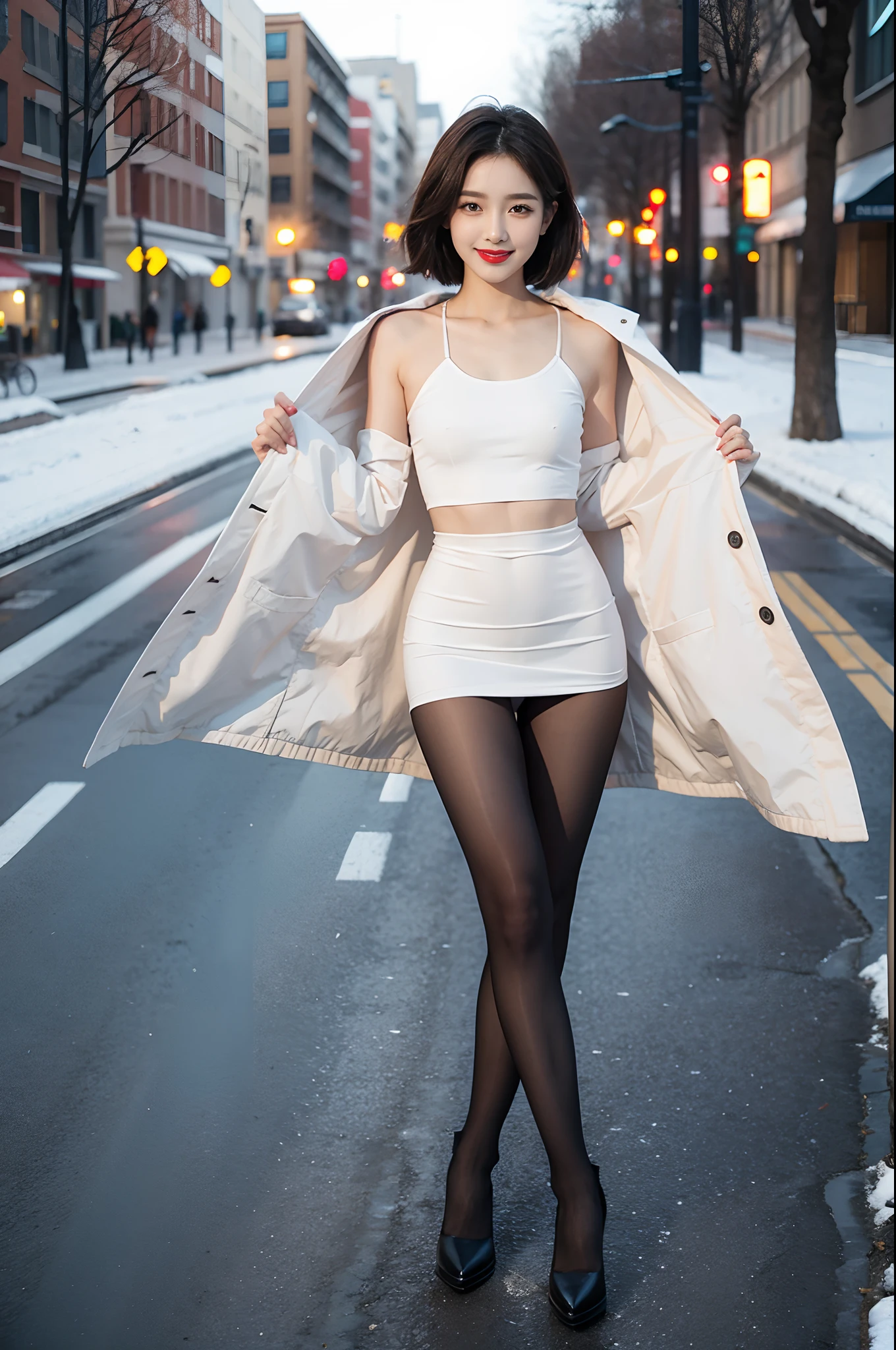 best quality, 4k, 8k, Detailed faces, clear face, pretty girls, Korean makeup, Red lips, laugh, perfect body,shoulder length straight short hair,small breasts,thigh,slim,thin, The girl wears a long and wide coat, Underneath the jacket was a toptube and pantyhose, lower abdomen, Snowscape, winter, street,