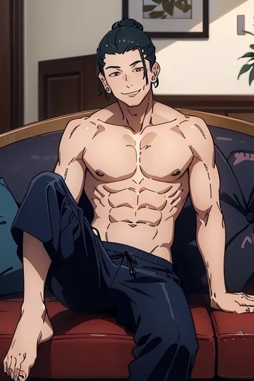 1 man, Getou, looking forward, smile, short fur, black hair, tall, 1st year, mouth closed, lying down, ((lying on sofa)), body lying on side, shirtless, showing chest, showing abdomen, body full length, male focus, hair bun, brown eyes, black baggy pants, muscular abdomen, muscular body, show legs, piercing, single hair bun, ear piercing, bare feet, hand extended forward, calling sign, hair pulled back back, masterpiece