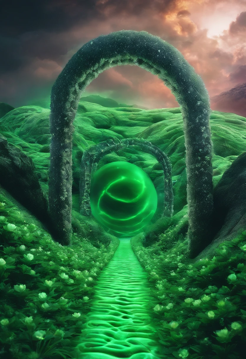Close-up of a snowy road with green flowers, Tunnel to winter, Portal made of green roses, In a green dream world, Surreal green flowers bloom, Snow cave, The atmosphere of green flowers floating in the sky, Magic Green Flowers, by Anna Haifisch, very magical and dreamy, marc adamus, Truly beautiful nature, Beautiful nature, blossoming path to heaven、Alien Lair、There are aliens、Alien Eggs、There are aliens、Alien Eggs