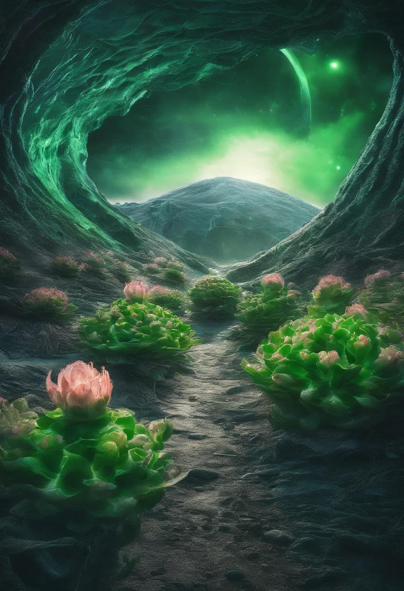 Close-up of a snowy road with green flowers, Tunnel to winter, Portal made of green roses, In a green dream world, Surreal green flowers bloom, Snow cave, The atmosphere of green flowers floating in the sky, Magic Green Flowers, by Anna Haifisch, very magical and dreamy, marc adamus, Truly beautiful nature, Beautiful nature, blossoming path to heaven、Alien Lair、There are aliens、Alien Eggs、There are aliens、Alien Eggs
