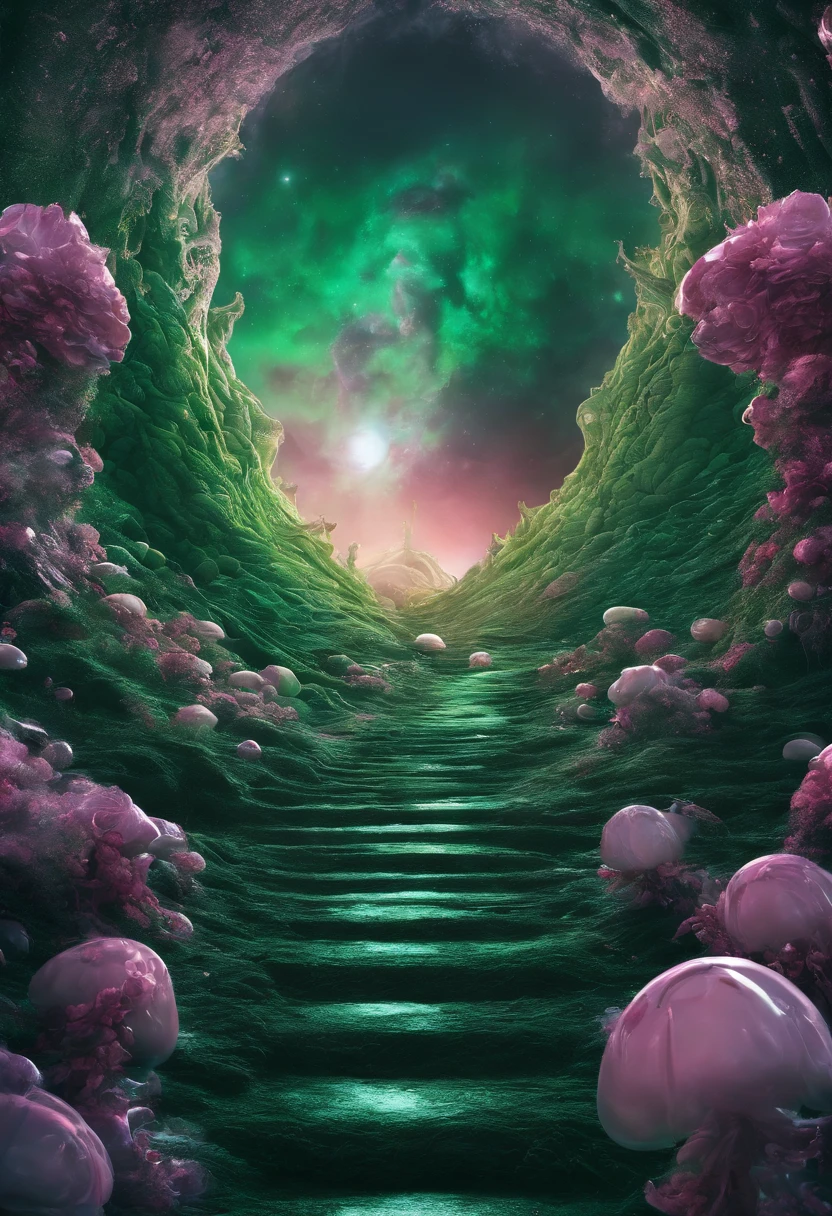 Close-up of a snowy road with green flowers, Tunnel to winter, Portal made of green roses, In a green dream world, Surreal green flowers bloom, Snow cave, The atmosphere of green flowers floating in the sky, Magic Green Flowers, by Anna Haifisch, very magical and dreamy, marc adamus, Truly beautiful nature, Beautiful nature, blossoming path to heaven、Alien Lair、There are aliens、Alien Eggs、There are aliens、Alien Eggs