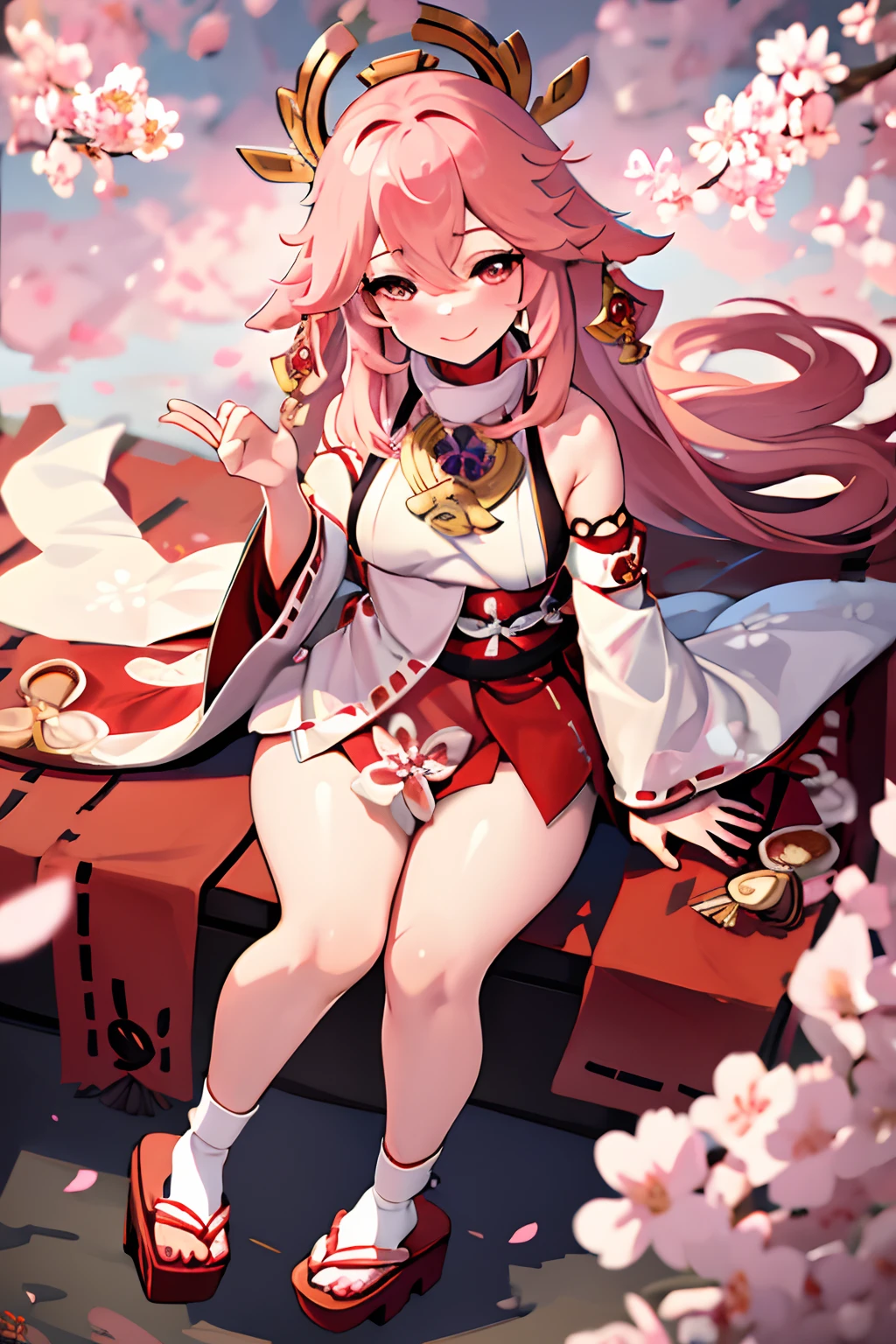 masterpiece, best quality, highres, 1girl, red and white kimono with intricate patterns, white sash, long sleeves, wooden geta sandals, white tabi socks, long jet-black hair with a white ribbon or decorative accessory, fair complexion, captivating and expressive eyes, and a serene, tranquil aura, yae miko, ****, sakura tree, sakura petals, catching sakura petal on hand, smiling, looking up, sunny day,