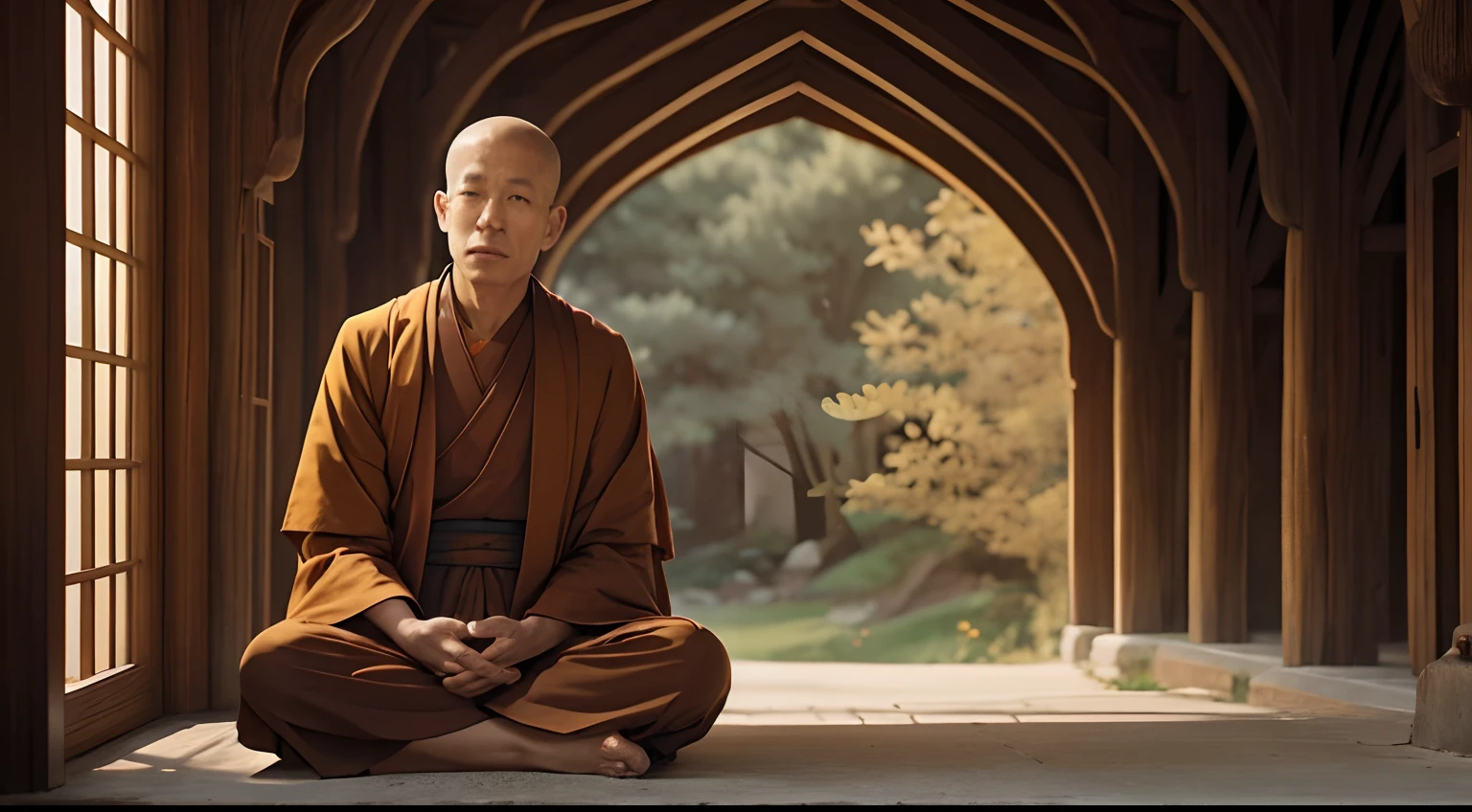 Create an image of the wise and kind monk in a tranquil setting, perhaps in a monastery or a peaceful valley, radiating wisdom and compassion.