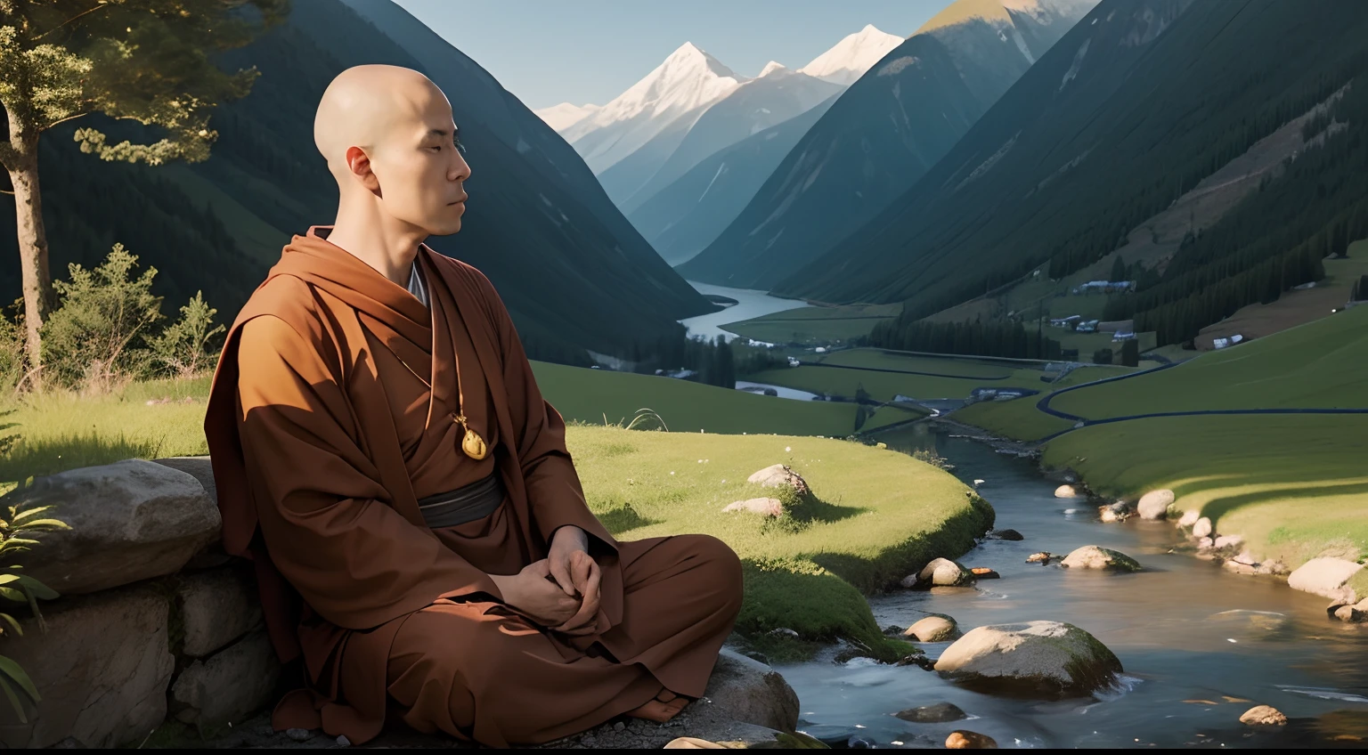 Create an image of the wise and kind monk in a tranquil setting, perhaps in a monastery or a peaceful valley, radiating wisdom and compassion.