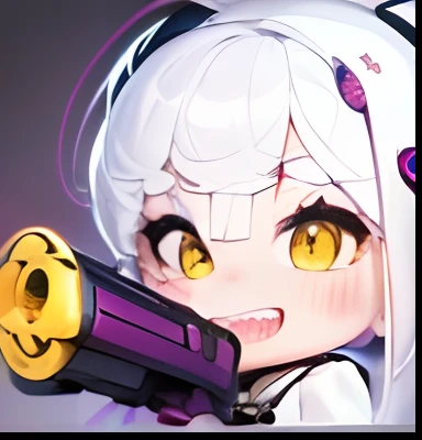 ((Masterpiece, Highest quality)), Detailed face, ， full bodyesbian, Full of details, random poses and expressions, Highly detailed, Depth, Many parts，white hair, yellow eyes, cute hair ornament, ghost girl, adorable, harajuku, juicy lips, sharp teeth, purple themed clothes,holding gun, chibi