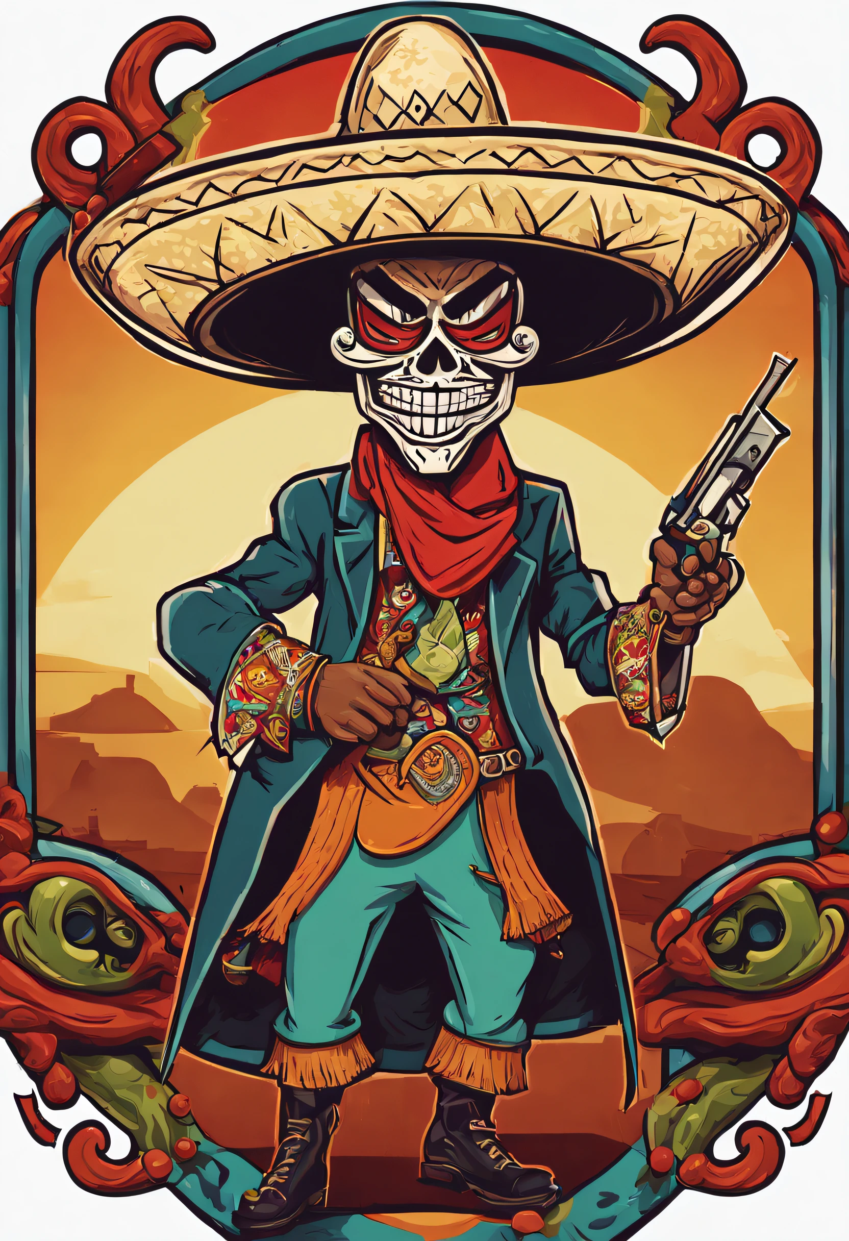 Skull head,Capone hat,cartoon,Red ,feather on hat ,black Background ,Dollar sign in eyes