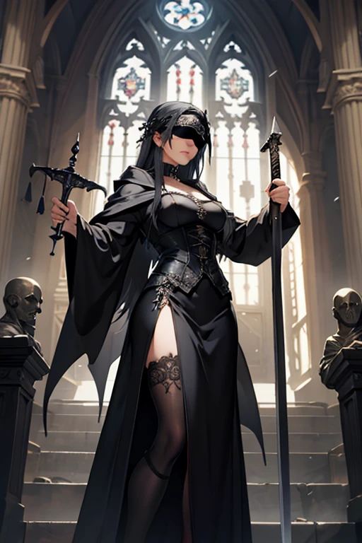 gothic lady justice, blindfold, holding sword and scale, wearing robes, bandages, gothic style art.