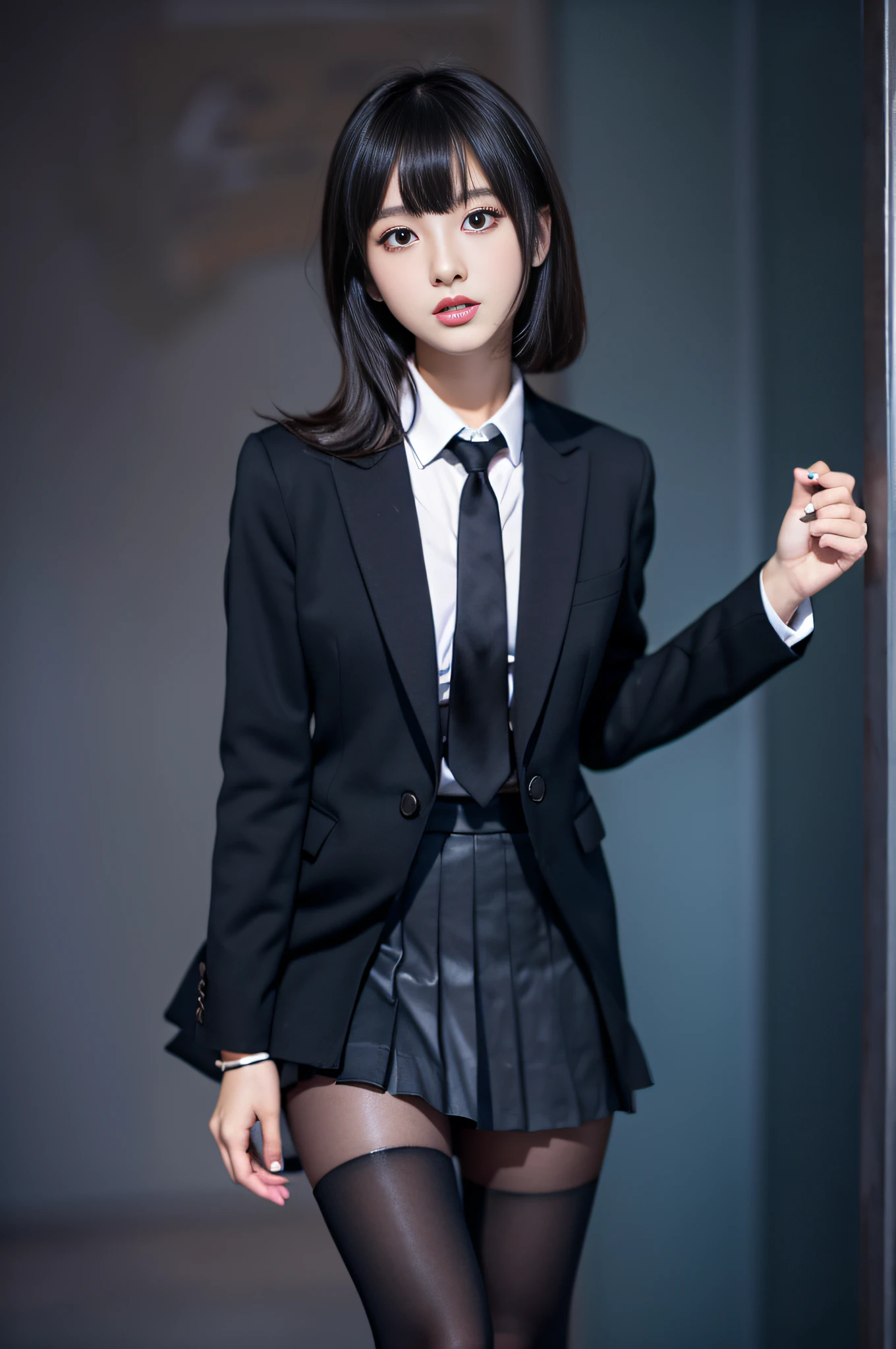 Charming beauties、Black pantyhose、hi-school girl、blazers、Black pleated skirt、Glossy legs、Dyed in darkness、Brainwashing makeup、brainwashed