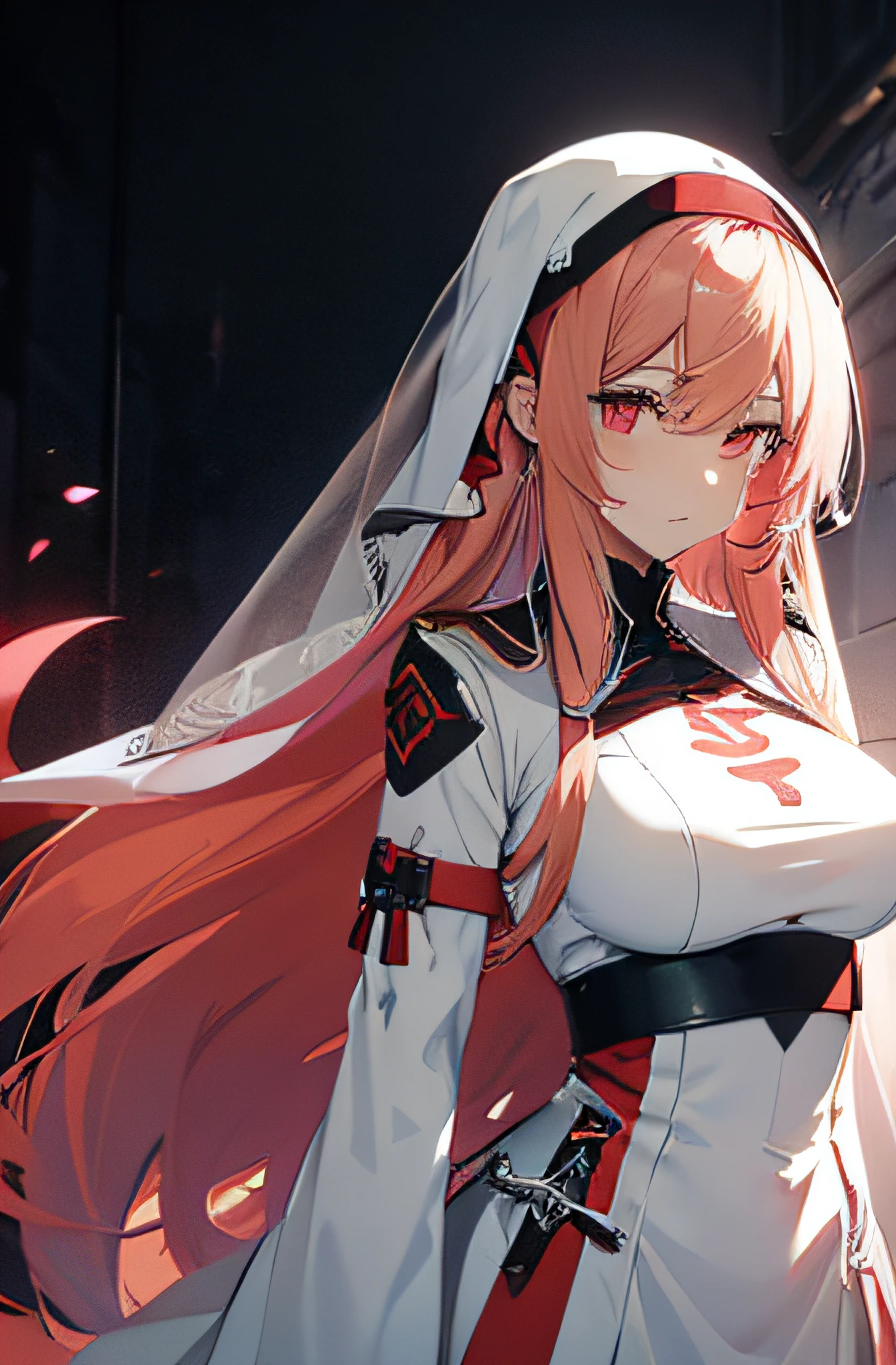 anime character with a sword and a white dress with a red and black writing, pink blonde hair, red eyes, nun veil, huge breasts