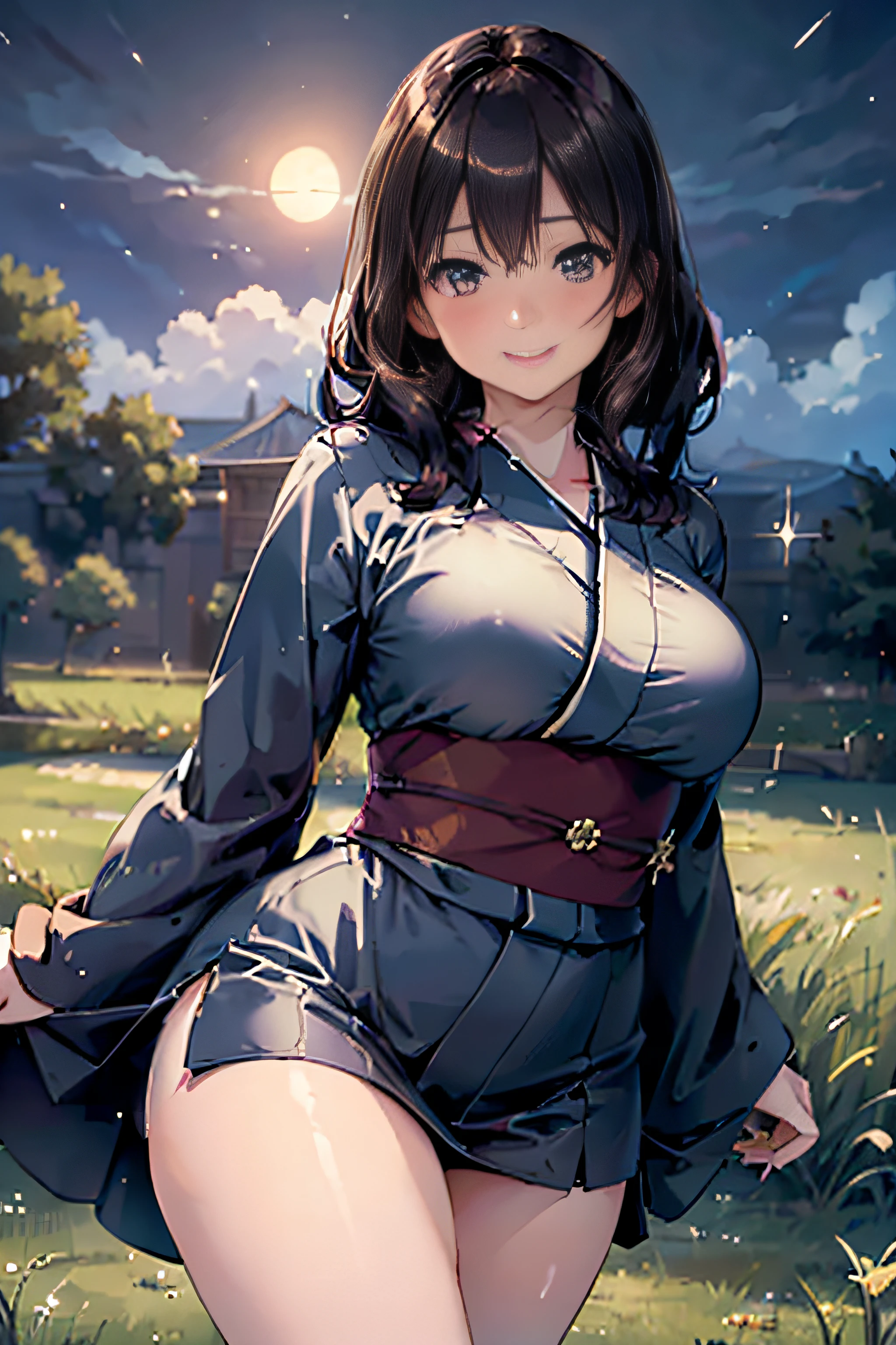 (High quality, High resolution, Fine details, Realistic), grass field, ((Night)), fullmoon, cloud, Solo, curvaceous woman, (Short kimono), Sparkling eyes, (Detailed eyes), (Smile), blush, Large breasts, Sweat, Oily skin, Thigh, (running pose), Shallow depth of field、Long Wave Hair、Dark brown hair、bending forward