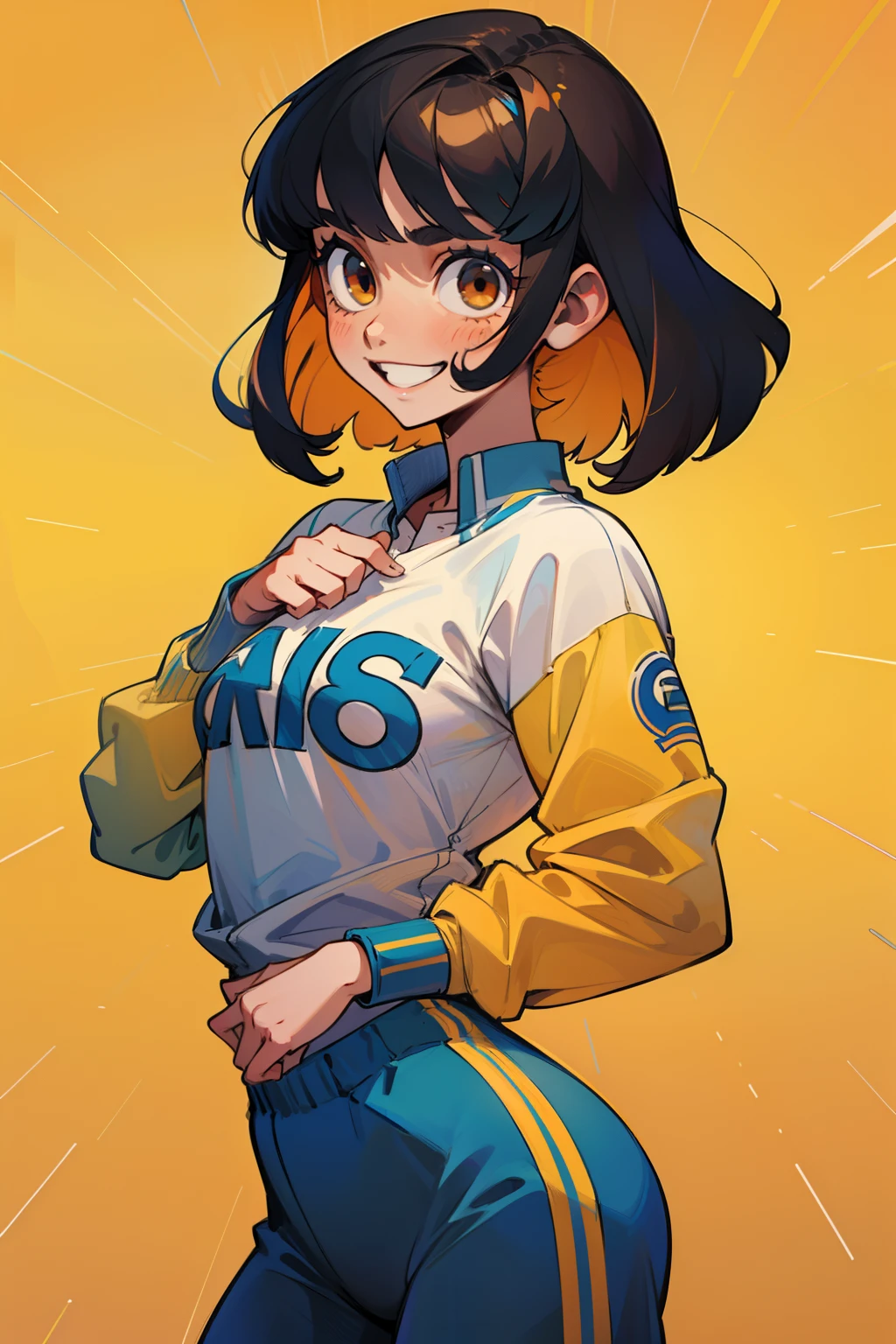 (1 girl), (solamente), camiseta blanca, chaqueta amarilla, Pelo corto azul, cabello azul ondulado, brown eyes, Strong construction, atletic body, pechos grandes, vaqueros, (alta calidad), (Disco duro), (muy detallado) ), cabello rizado, hombros anchos, Camisa todo blanco, ((Camiseta sin estampado)), cintura ancha, ligeramente gordito, Camisa totalmente blanca, They are smiling