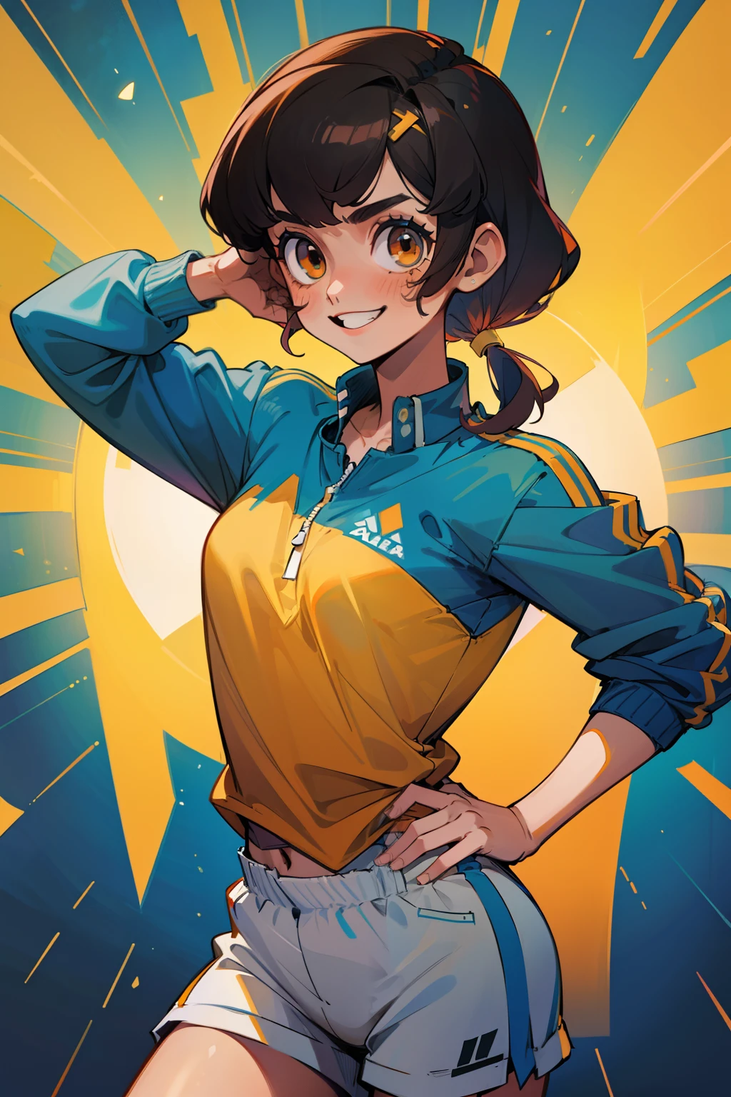 (1 girl), (solamente), camiseta blanca, chaqueta amarilla, Pelo corto azul, cabello azul ondulado, brown eyes, Strong construction, atletic body, pechos grandes, vaqueros, (alta calidad), (Disco duro), (muy detallado) ), cabello rizado, hombros anchos, Camisa todo blanco, ((Camiseta sin estampado)), cintura ancha, ligeramente gordito, Camisa totalmente blanca, They are smiling