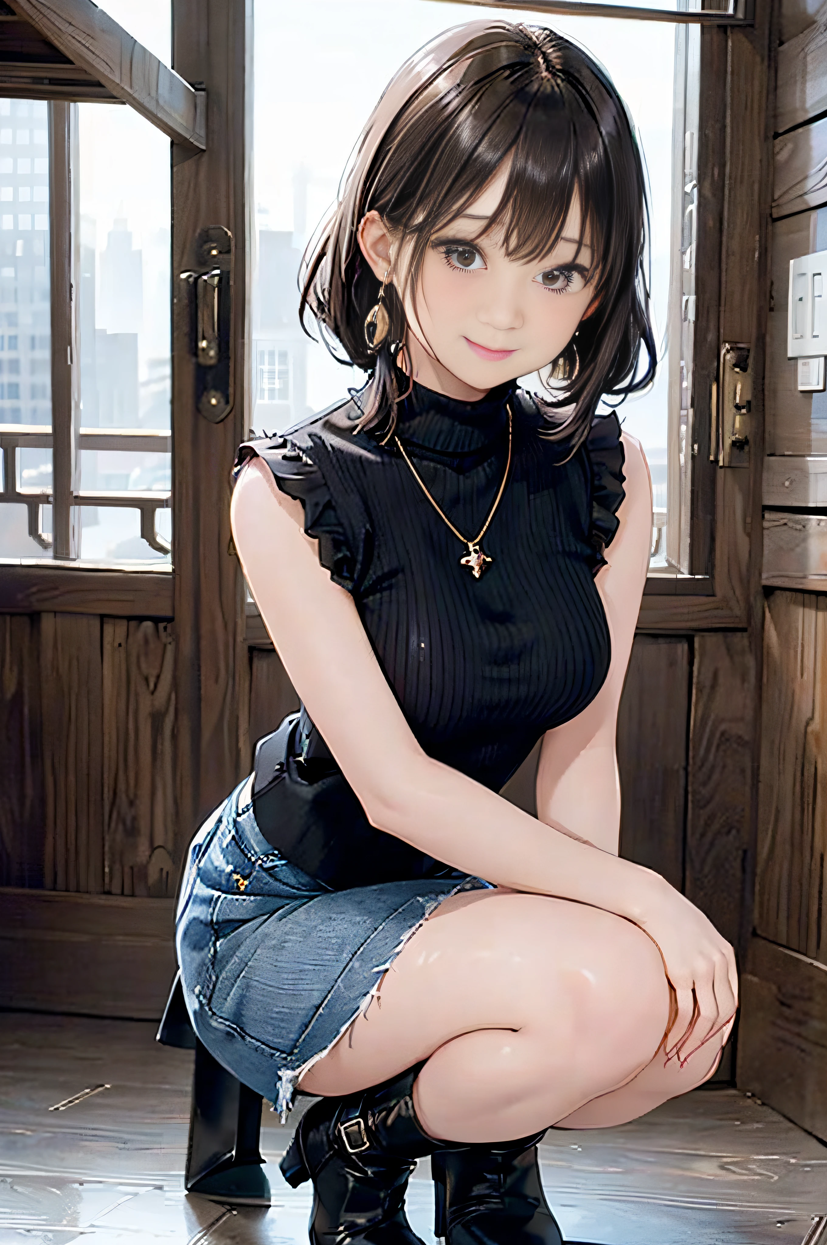 Black Turtleneck Sleeveless Knit、Denim Mini Skirt、20 year old girl, breasts of medium size,, Puffy nipple、bending forward、dark brown hair、poneyTail、Cityscape, Kamimei、Shy smile、a necklace、Earring、high-heels ((Very detailed)), (Perfectly detailed face), (Well detailed hands) Photorealistic images、full body seen、emphasis on the buttocks