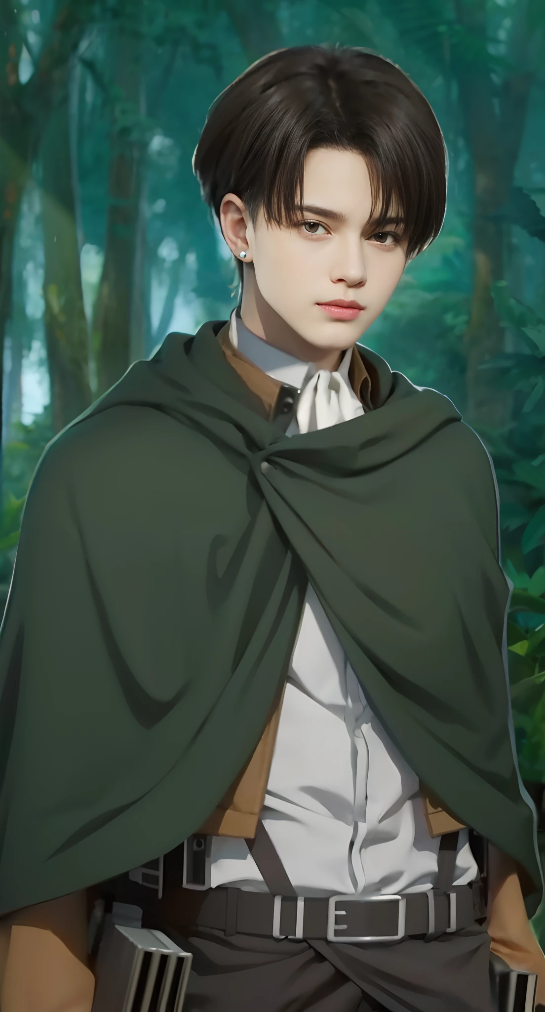 Real life adaption of this character,  Handsome face, realistic same hair, (realistic same outfit), realistic same background jungle with many grass , realistic light, realistic shadow, realism, hyper realistic,(photorealistic:1.2)