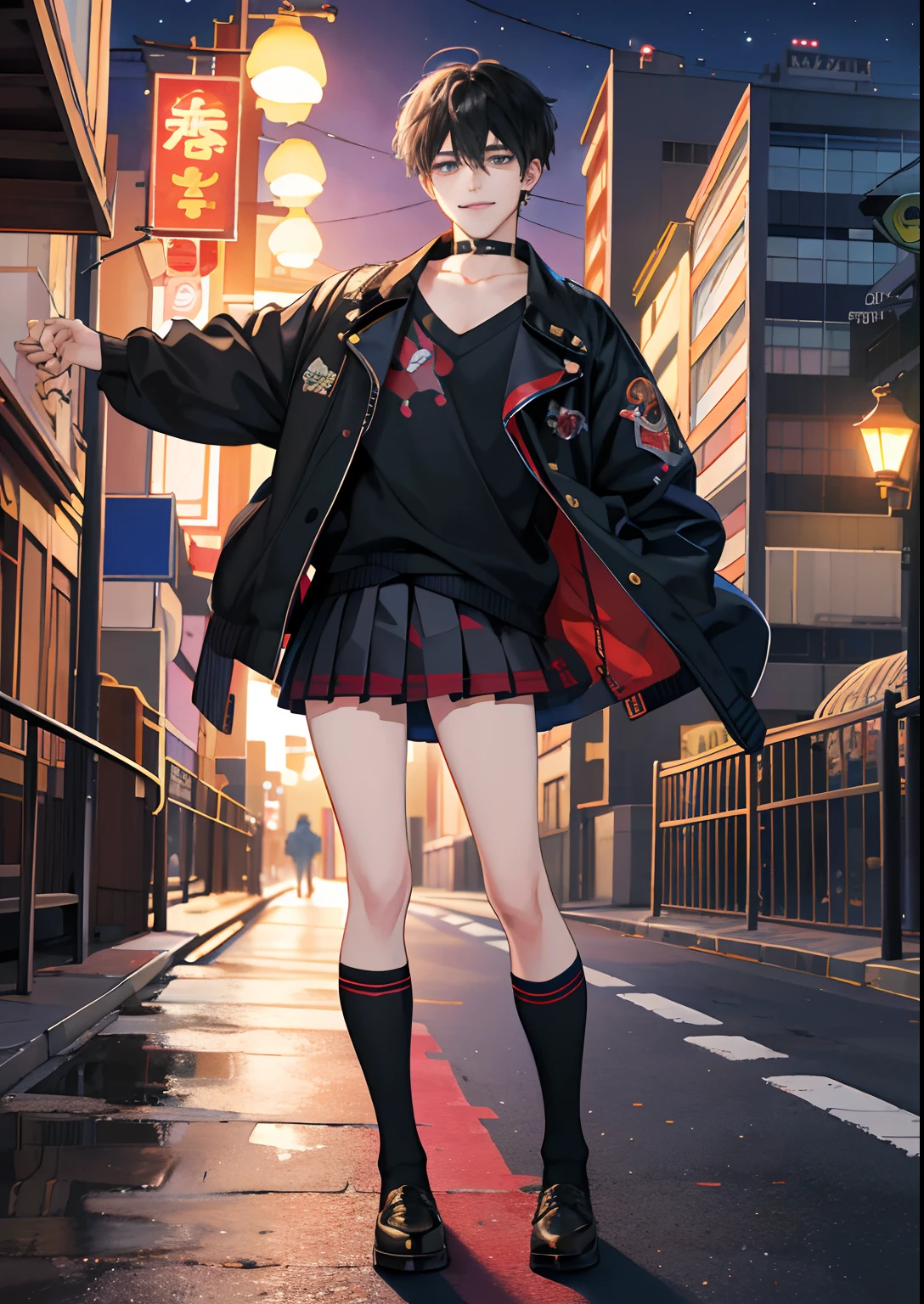 Night town, Guviz-style artwork, made with anime painter studio, Anime Realism Style, Realistic anime art style, painted in anime painter studio, Inspired by Kim Taehyung, In an anime style, anime handsome guy, Inspired by Kim Taehyung, anime realism、Black hair、Loose Socks、student clothes、a miniskirt、A smile、a choker、Multiple piercings