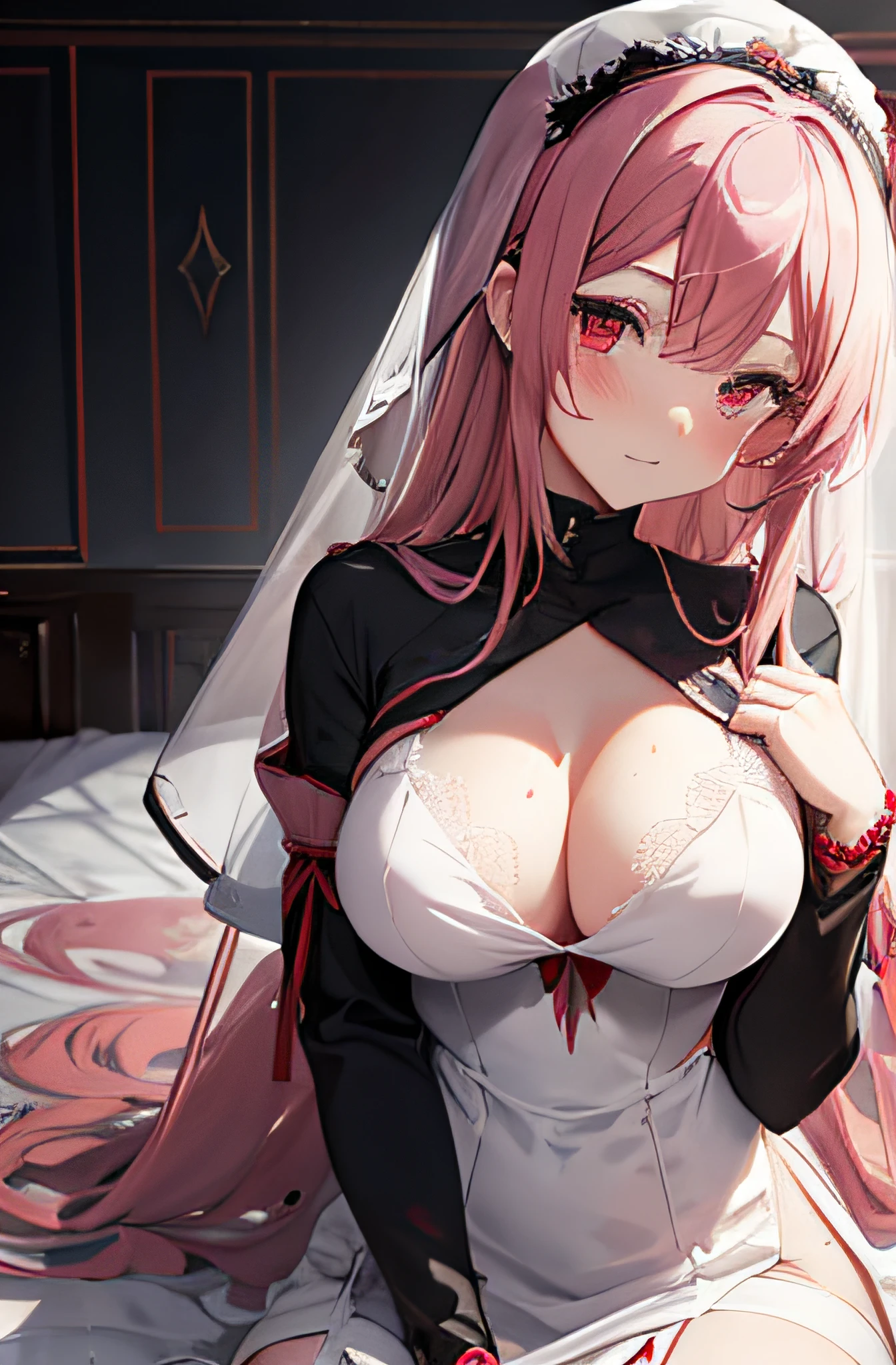 anime character with a sword and a white dress with a red and black writing, pink hair, red eyes, nun veil, huge breasts, See through lingerie, bed room, wet clothes, sheer negligee, blush cheeks