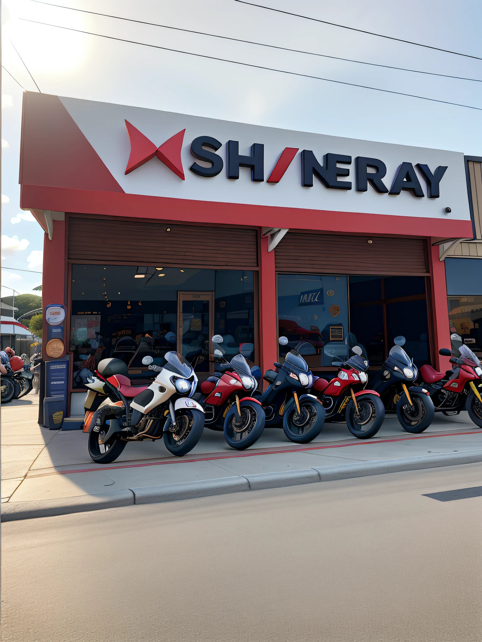 There are many motorcycles parked outside a shop on the street, Tomado com Sony Alpha 9, diretor: Whitney Sherman, atmosfera brilhante e feliz, Raio V, Tiro de longe, taken with sony a7r camera, foto de alta qualidade, Illumination of clear solar rays, imagem de alta qualidade, diretor: Warren Mahy, galeria, reluzente, foto oficial da loja, faixada com nome "SHINERAY", foto oficial da faixada