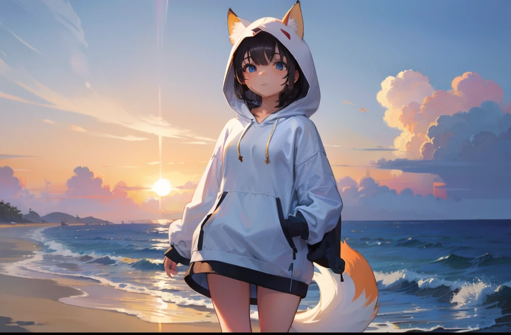 Volumetric Lighting, Best Shadows, Portrait Of Stunningly Beautiful Girl, Petite, Delicate Beautiful Attractive Face With Alluring Blue Eyes, Medium chest, Medium breasts, Short brown hair, Slim Waist, Standing, (Highest Quality, Amazing Details:1.25), (Solo:1.3), Brilliant Colorful Paintings, anime character with a fox tail, a beautiful fox lady, a beautiful kitsune woman, full body, beach, sunset, cowprint hoodie, hoodie, white hoodie