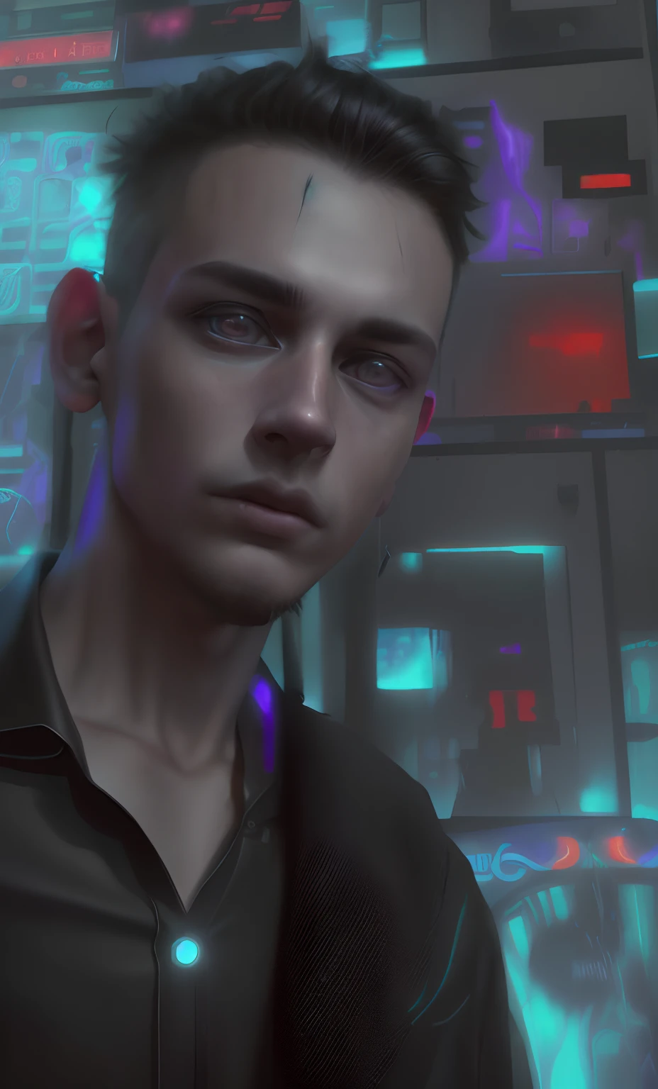 Cyberpunk background,best quality, ultra high res, (photorealistic:1.4), masterpiece,1boy,standing ,(looking at viewer), black shirt,